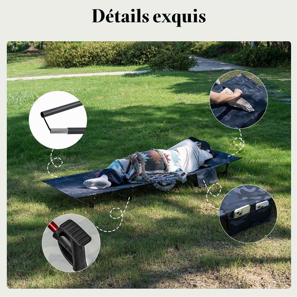 TOMOUNT Lit de camp ultra léger 190 x 70 cm en aluminium - Chaise de camping compacte facile à construire - Lit de camping résistant pour tente, randonnée en plein air, voyage, plage - Noir camouflage