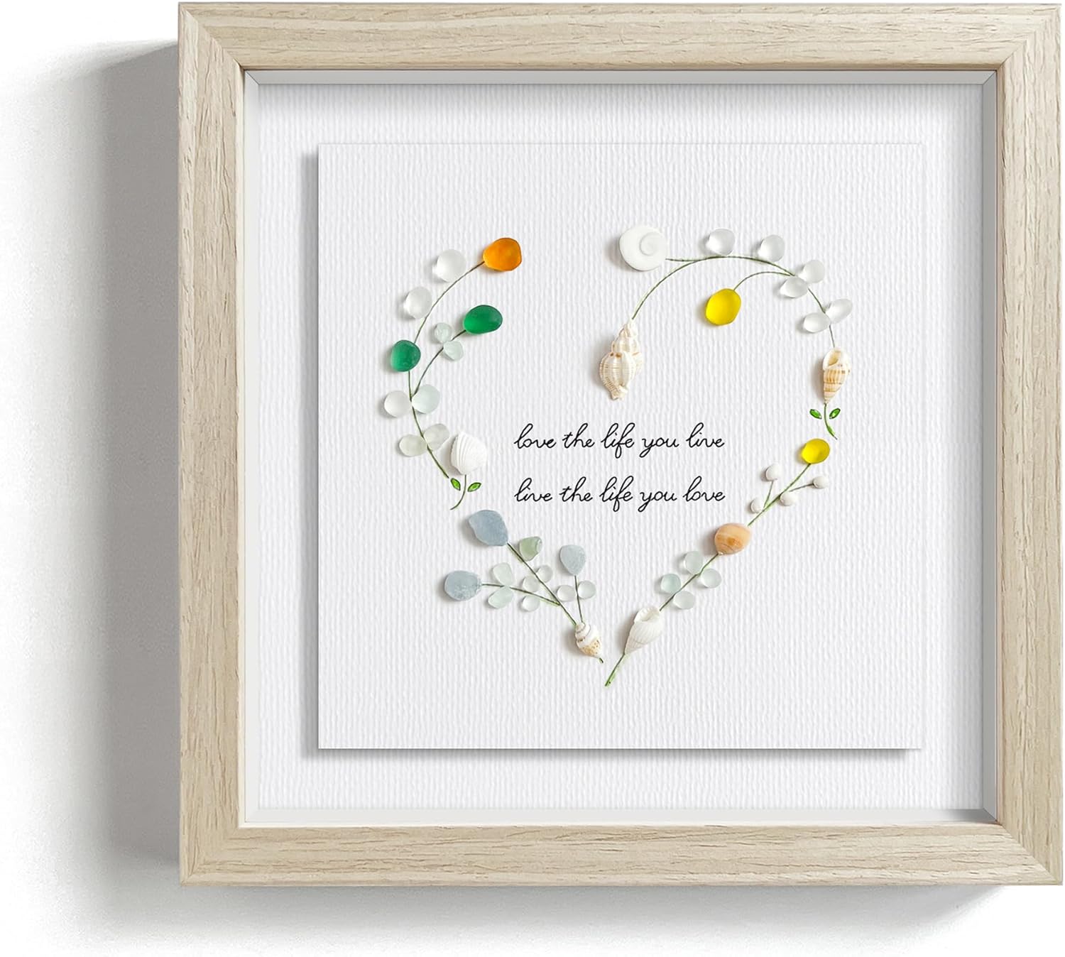 Seahorizon heart-shaped. Handmade Sea Glass Art Wall Decor, 8 x 8 Inch Wood Framed Wall Art, Made of Sea Glass, Shells, and Pebbles