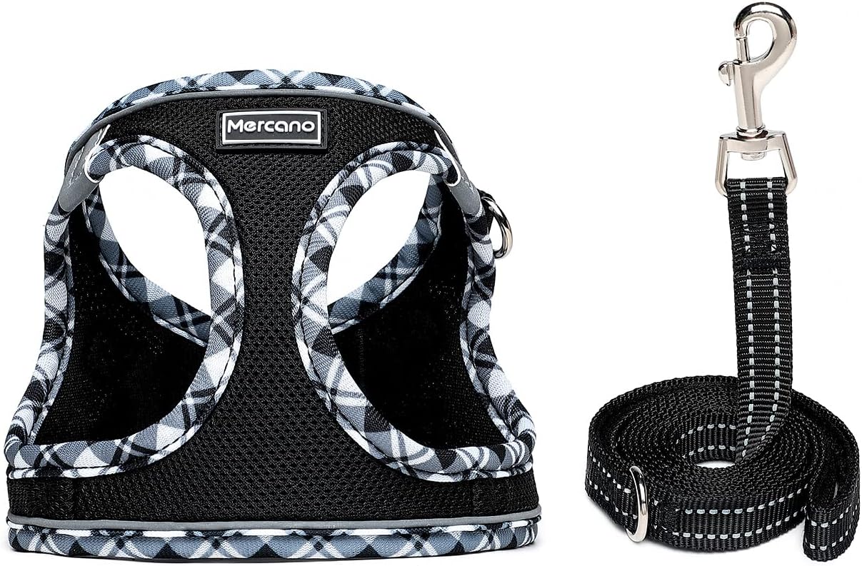 Mercano Soft Mesh Dog Harness and Leash Set, Step-in Reflective Breathable Lightweight Vest Harnesses with Safety Buckle for Small Dogs, Cats (Black White, M) image 2