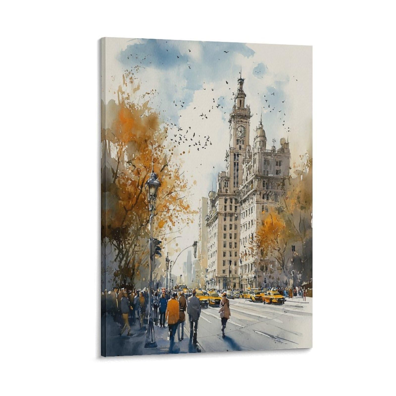 XWYMXZ New York Retro Manhattan Cityscape 24x36inch(60x90cm) Vintage Travel Poster Watercolor Canvas Art