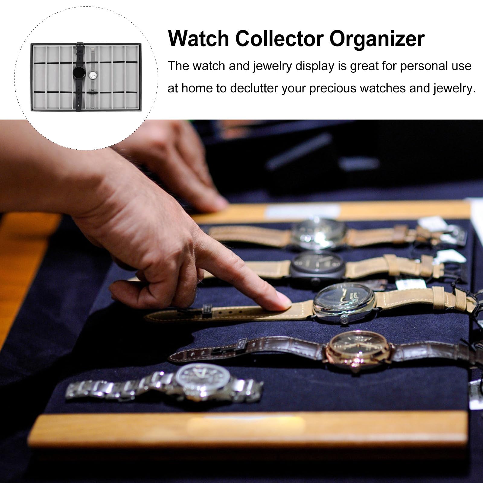 PACKOVE Bandeja para Guardar Relojes y Joyas 8 Compartimentos, Organizador de Almacenamiento en Piel Sintética Negra y Forro de Terciopelo Gris, Diseño Artesanal para Uso Doméstico y