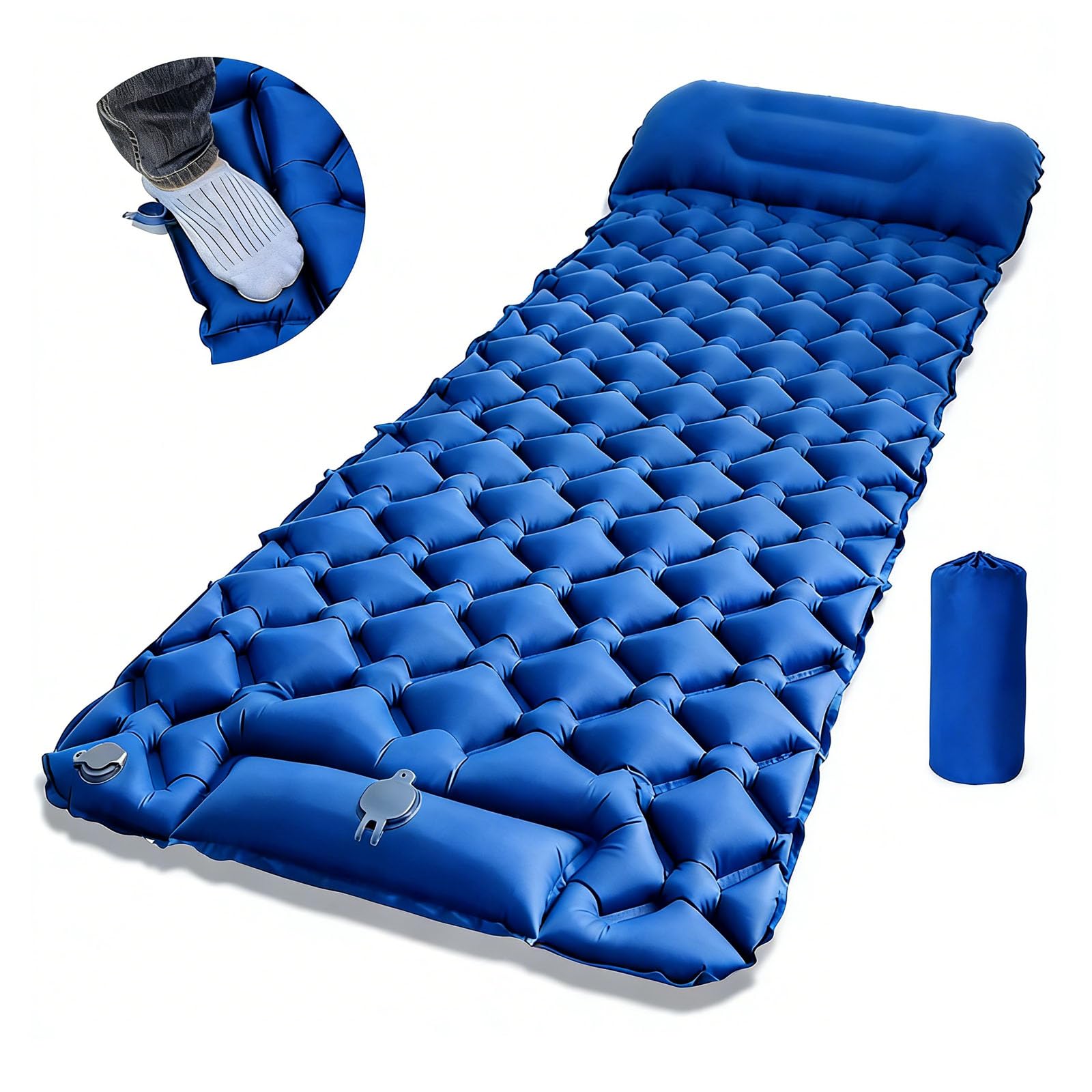 HUIBOHOU Camping Sleeping Pad - Ultralight Inflatable Sleeping Mat with Pillow Built-in Foot Pump, Durable Compact Waterproof Camping Air Mattress for Camping, Backpacking, Hiking, Tents (Blue)