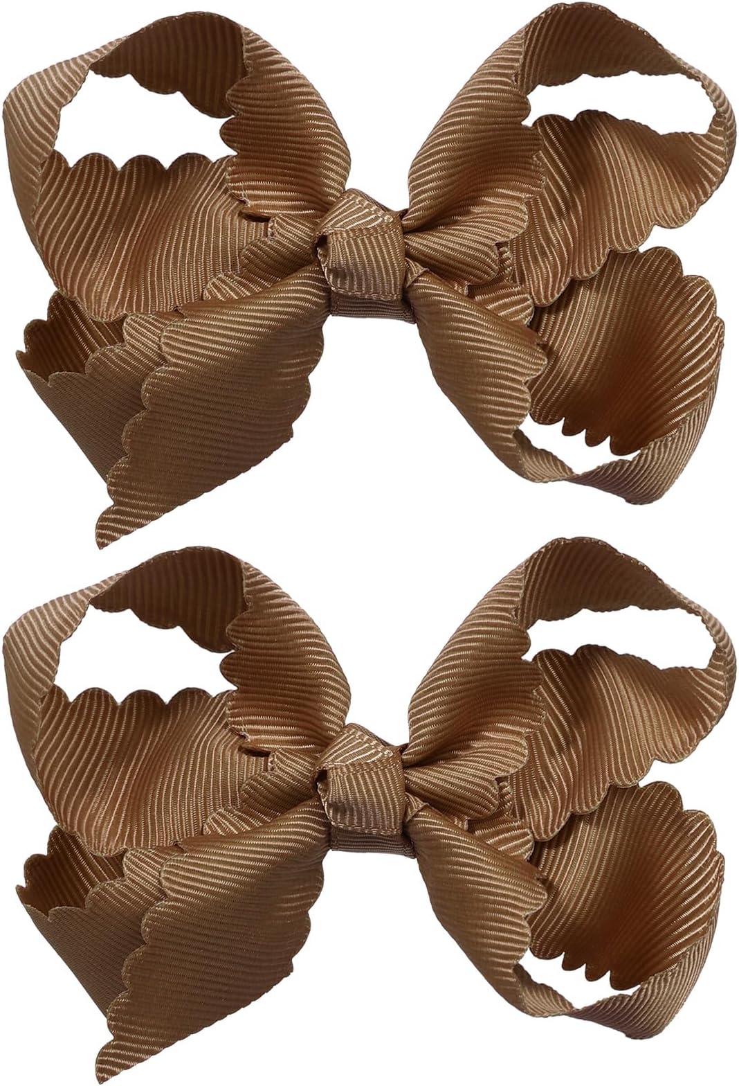 Girls' Classic Brown Grosgrain Ribbon Hair Bow with Scalloped Edges and Plain Wrap Center on Alligator Clip,3 Inch Small Cute Handmade Fall Cheer Bows Gift Set of 2 for Teens Women