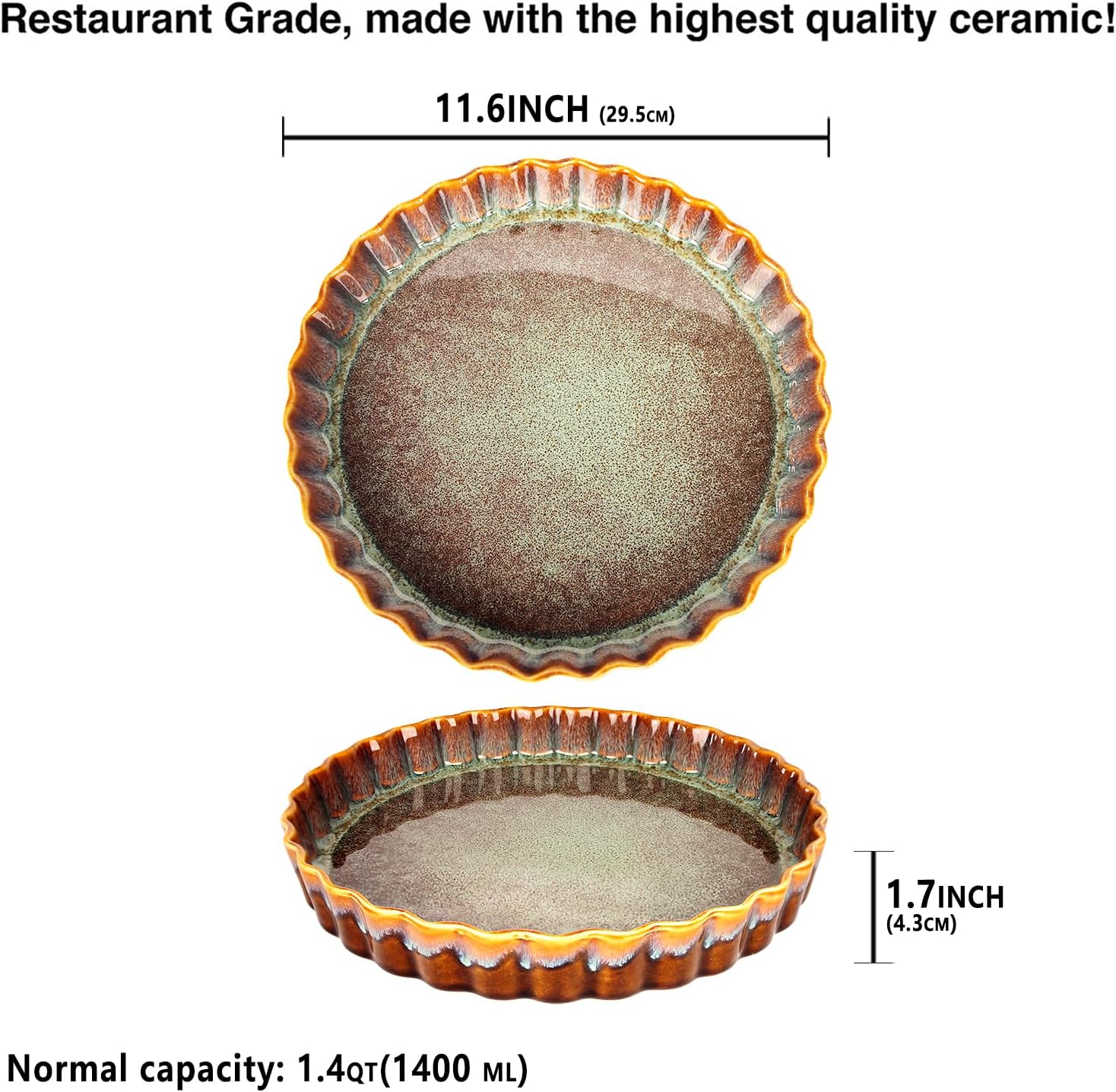 11.6 Inch Large Quiche Tart Pans Pan, 1.4 Qt Ceramic Au gratin pans, Fluted Ruffled Edge for Quiche Baking Dish/Pie Pan - Microwave Freezer Dishwasher Oven safe - Great Gift for Bakers