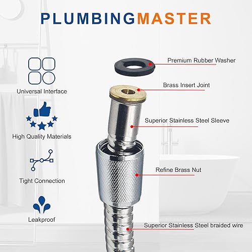 Miniatura 9 de Manguera de ducha de 79 pulgadas de acero inoxidable de mano de repuesto con tuerca de latón, extensión de manguera de ducha flexible larga