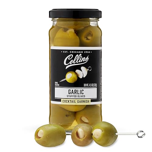 Collins Aceitunas de Garlic Queen  Guarnición de aceitunas verdes rellenas de ajo prémium para cócteles, martinis, ensaladas, bandejas de embutidos,