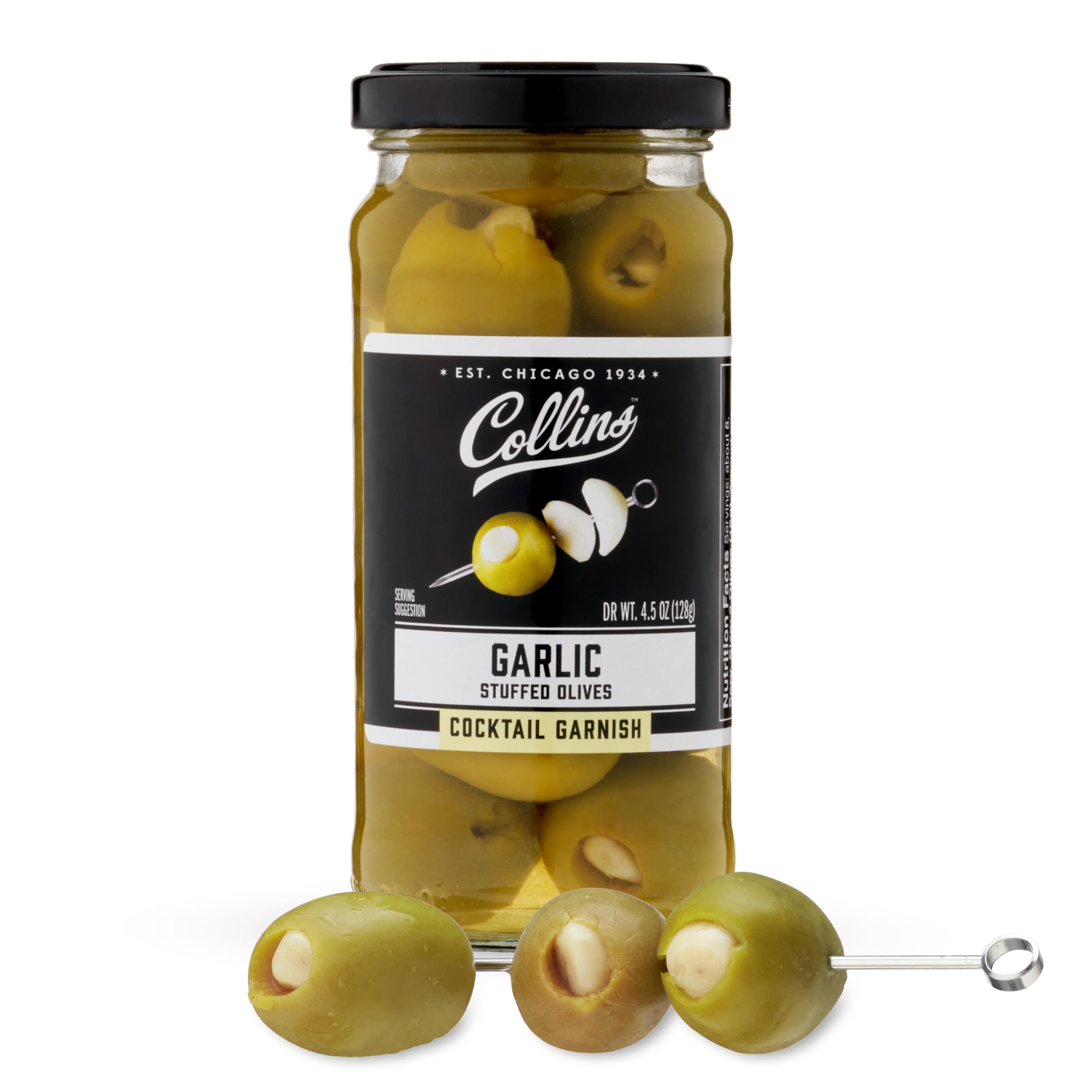 Collins Garlic Queen Olives | Premium Garlic-Stuffed Green Olives Garnish for Cocktails, Martinis, Salads, Charcuterie Trays, Cheese Boards, 5oz