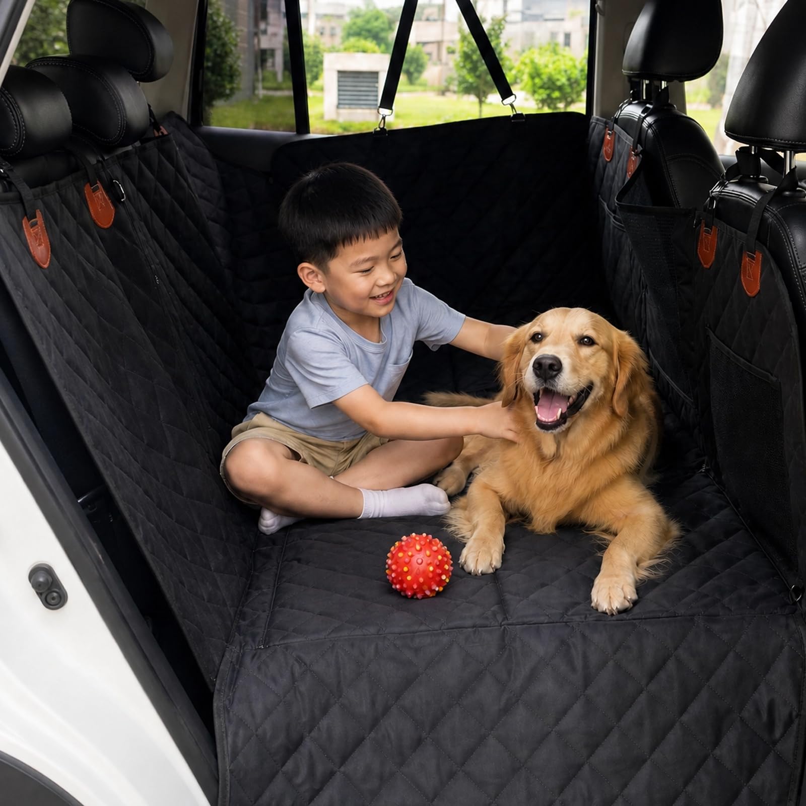 Hisprout Back Seat Extender for Dogs, Dog Car Seat Cover, Scratch-resistant & waterproof, Foldable Dog Hammock with Hard Bottom for Cars, Trucks & SUVs, Suitable for Travel, Outing Activities(Black)