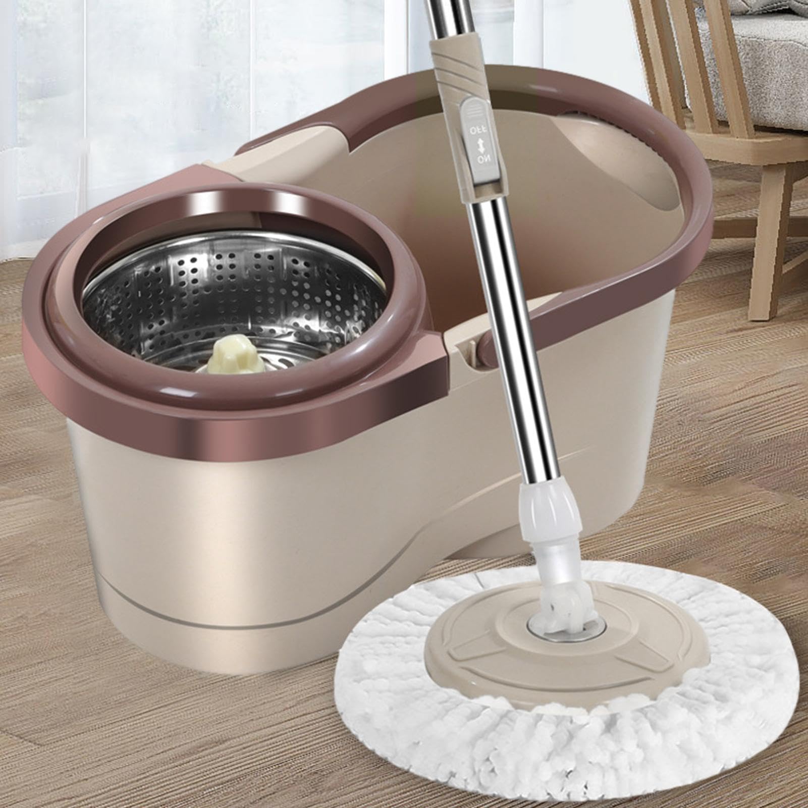 Système de serpillère à essorage automatique – Ensemble serpillère et seau, tête de balai en coton microfibre | Panier en acier inoxydable, balai de nettoyage de sol pour sols stratifiés et surfaces