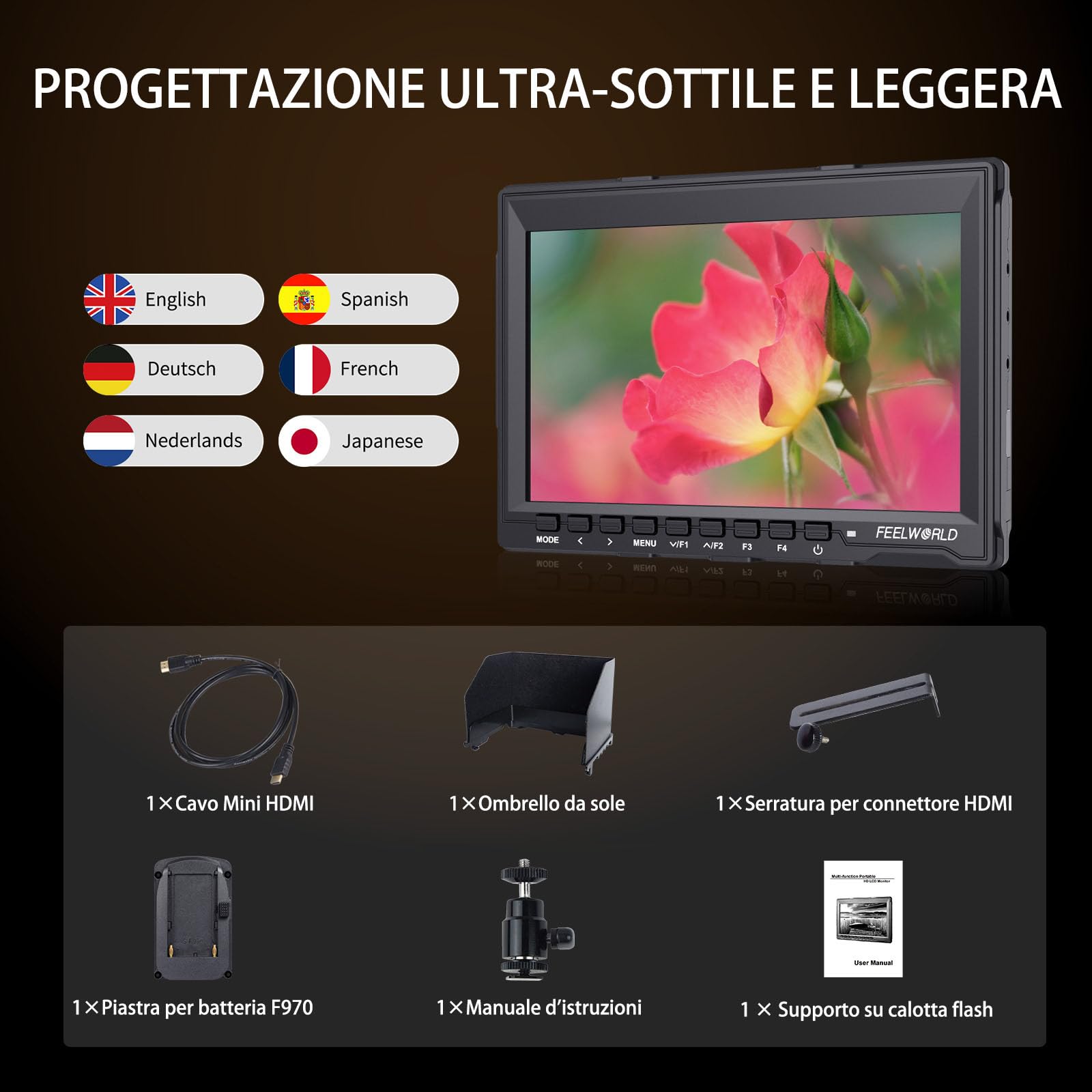 FEELWORLD FW759 7 Pollici On Camera DSLR Monitor Field Full HD Focus Video Assist 1280x800 IPS con 4K HDMI Input Output