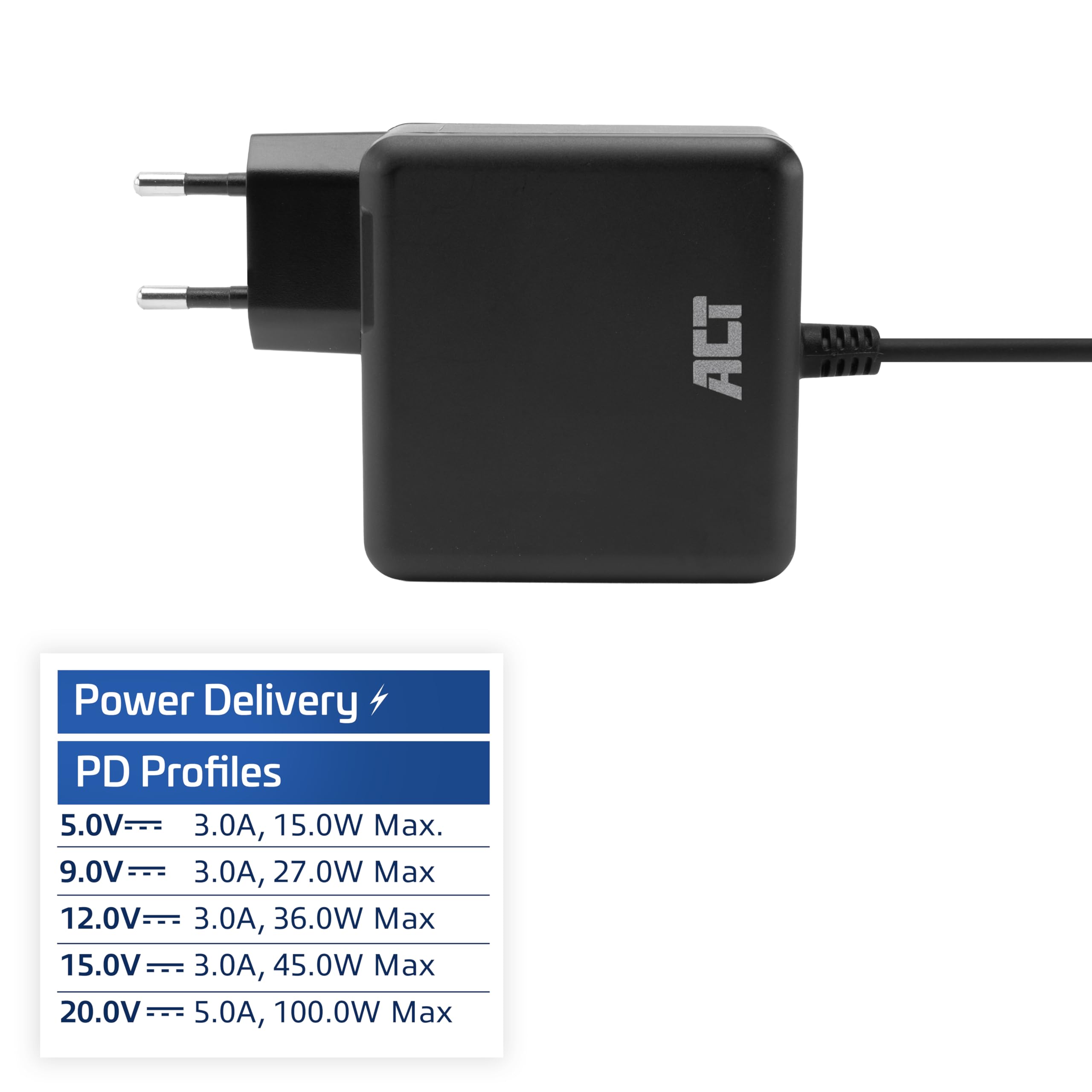 ACT Cavo di ricarica USB C per laptop, 100 W (PD 3.1/PPS) con cavo USB C fisso da 2 m, alimentatore di rete USB C per MacBook Air, Dell, HP, Lenovo, iPad, iPhone, Android (spina europea), AC2015