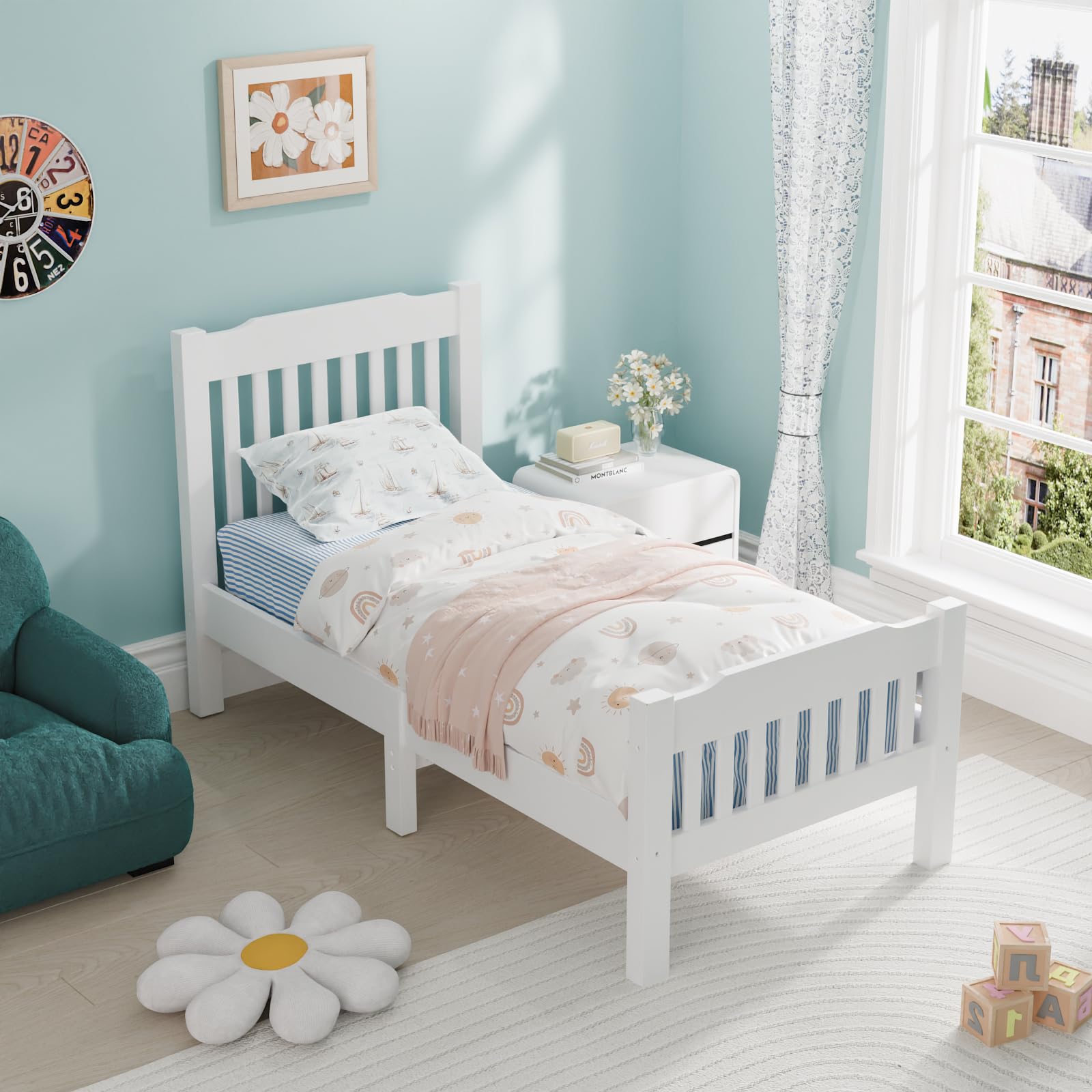 Caihaihfa Solid Pine Wood Platform Bed Frame, Modern, Easy Assembly, Adults Kids Teenagers 98X198X92cm,3ft Single, White （Single (White A) — image 1