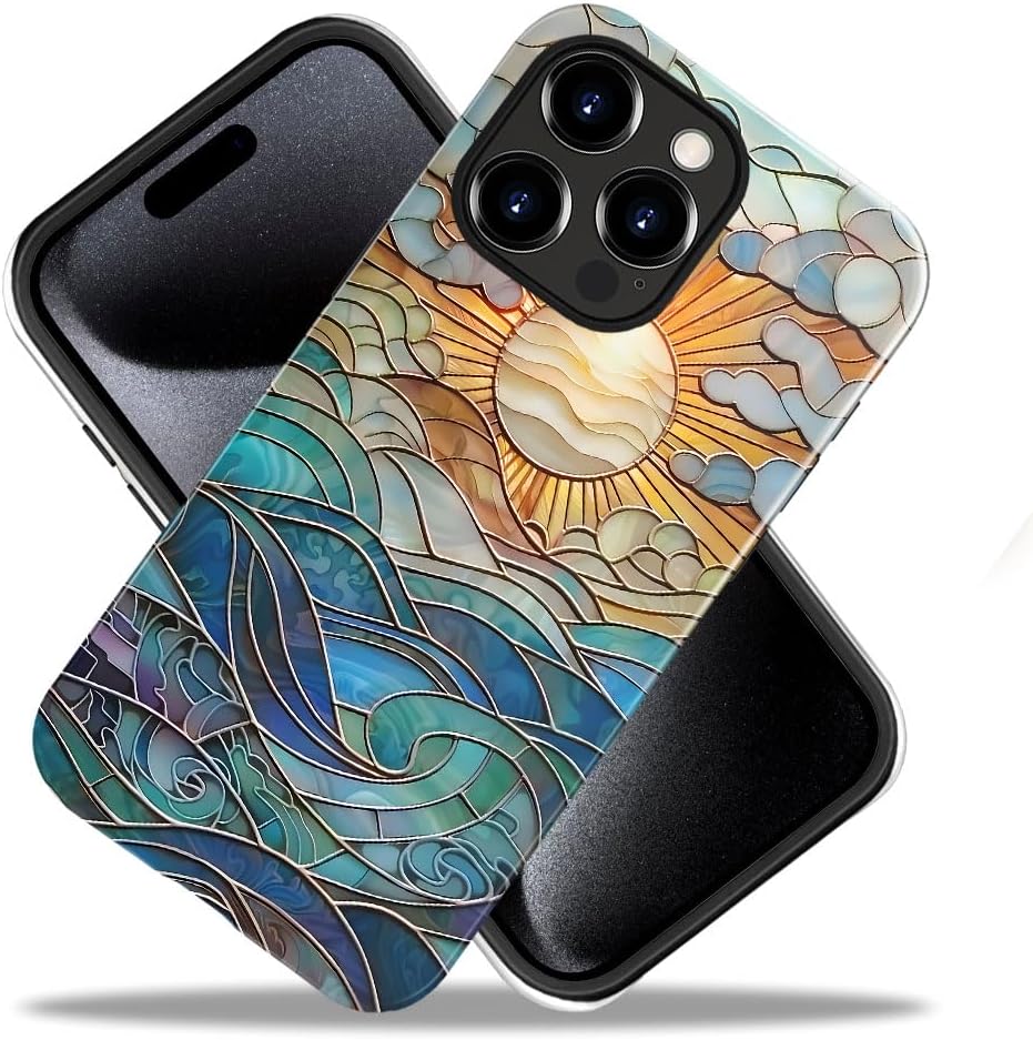 Case Compatible with iPhone 15 Pro Max,Fall Prevention Glossy Hybrid 2-Layer Hard Shell Cases for Girls Boys,Stained Glass Print Sun - Image 2