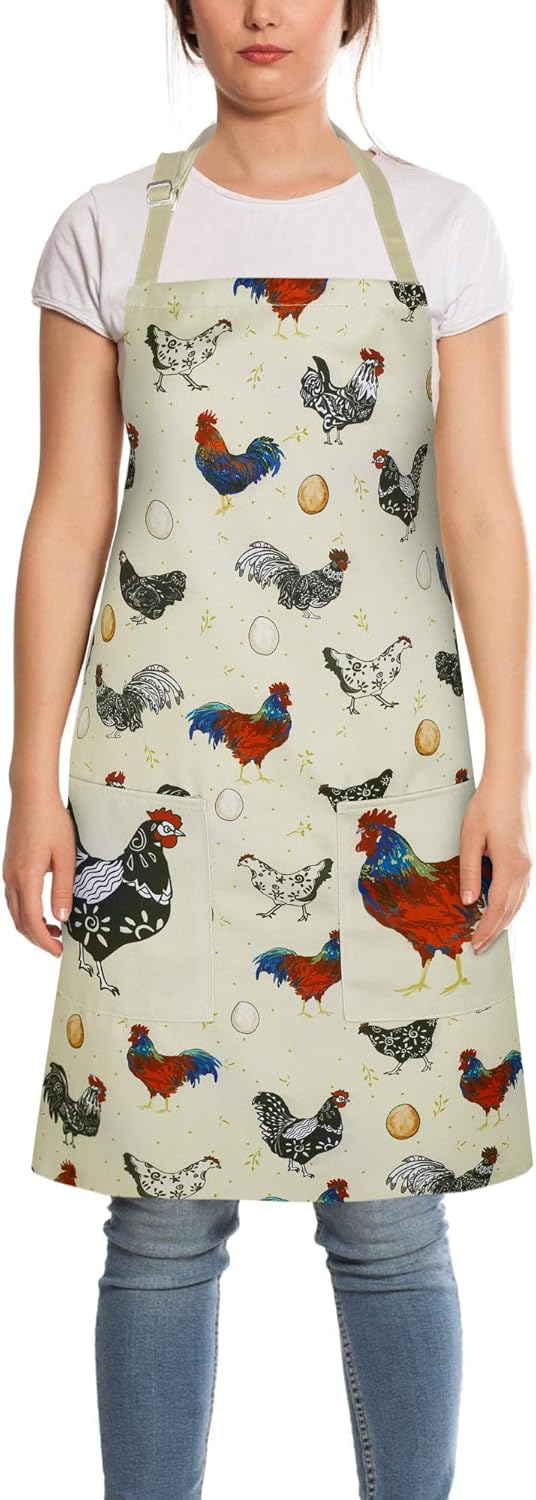 RosieLily Rooster Apron Cute Chicken Apron for Women Beige with Pockets for Cooking Baking Gardening Gifts - Image 2