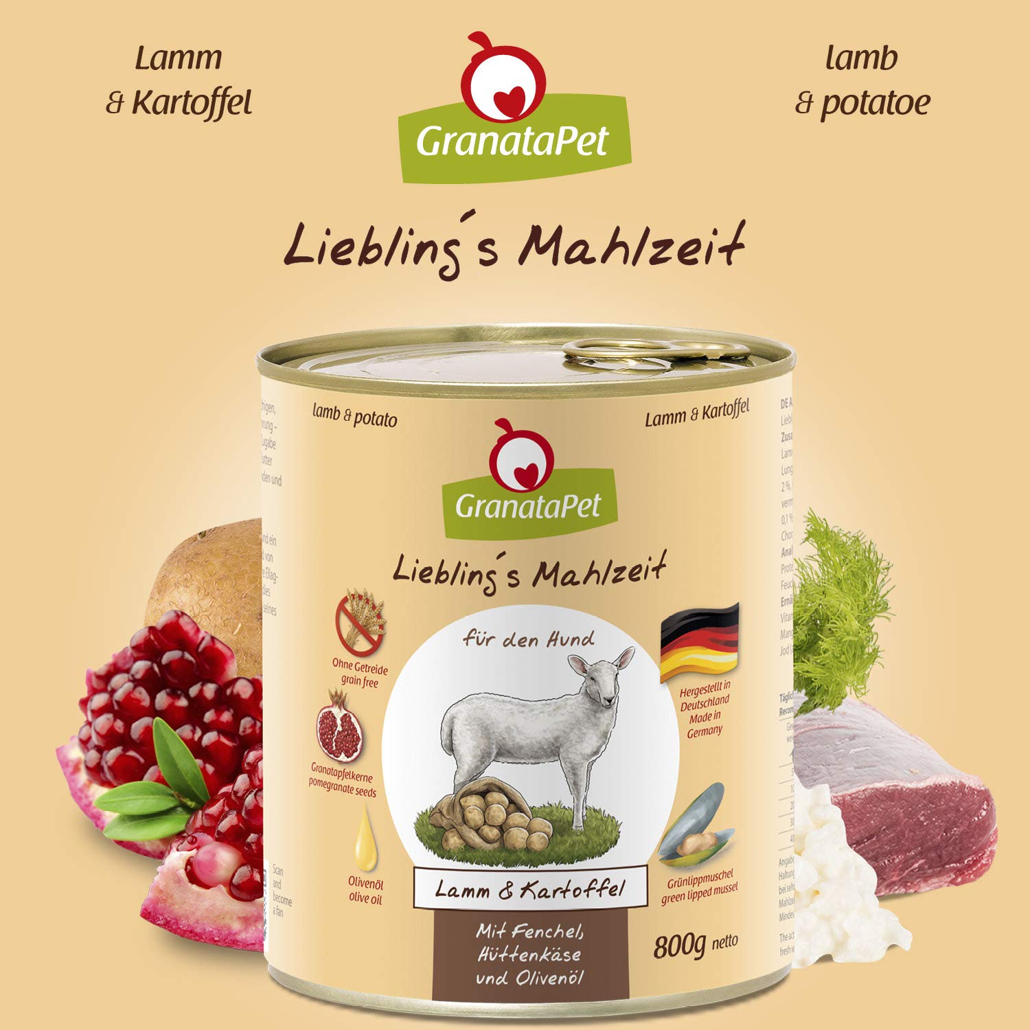 GranataPet Pasto preferito, ragù e manzo, cibo umido per cani, cibo per cani senza cereali e senza zucchero, alimento completo, 6 x 800 g & Pasto preferito Agnello e Patata, Alimento umido per cani