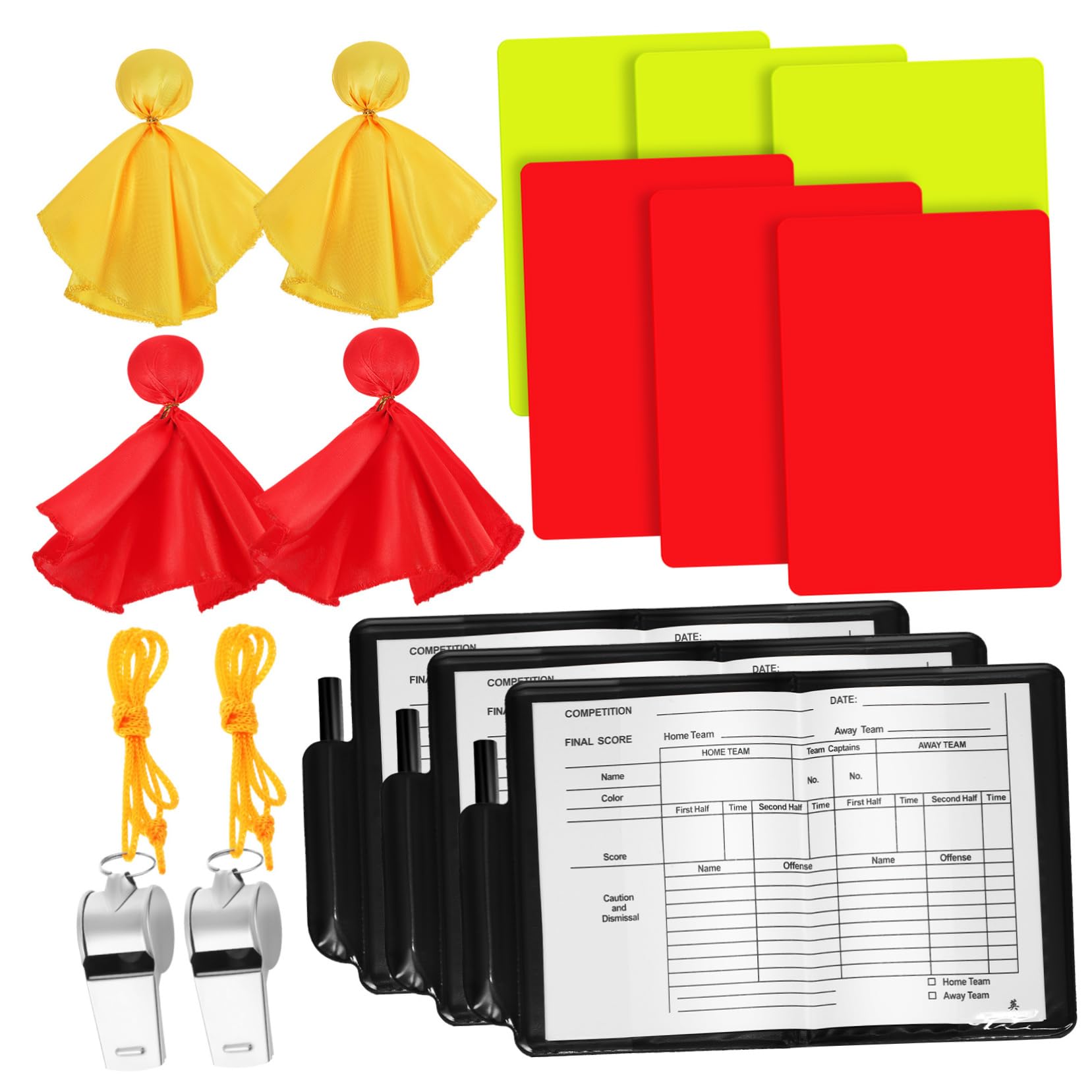 Abaodam 3 Set cartellini dell'arbitro e Fischietto Bandiera Rossa Forniture per arbitri Arbitro di Calcio cartellini Rossi e Gialli Kit Carte da Calcio FISCCHIO CLAYARD PVC