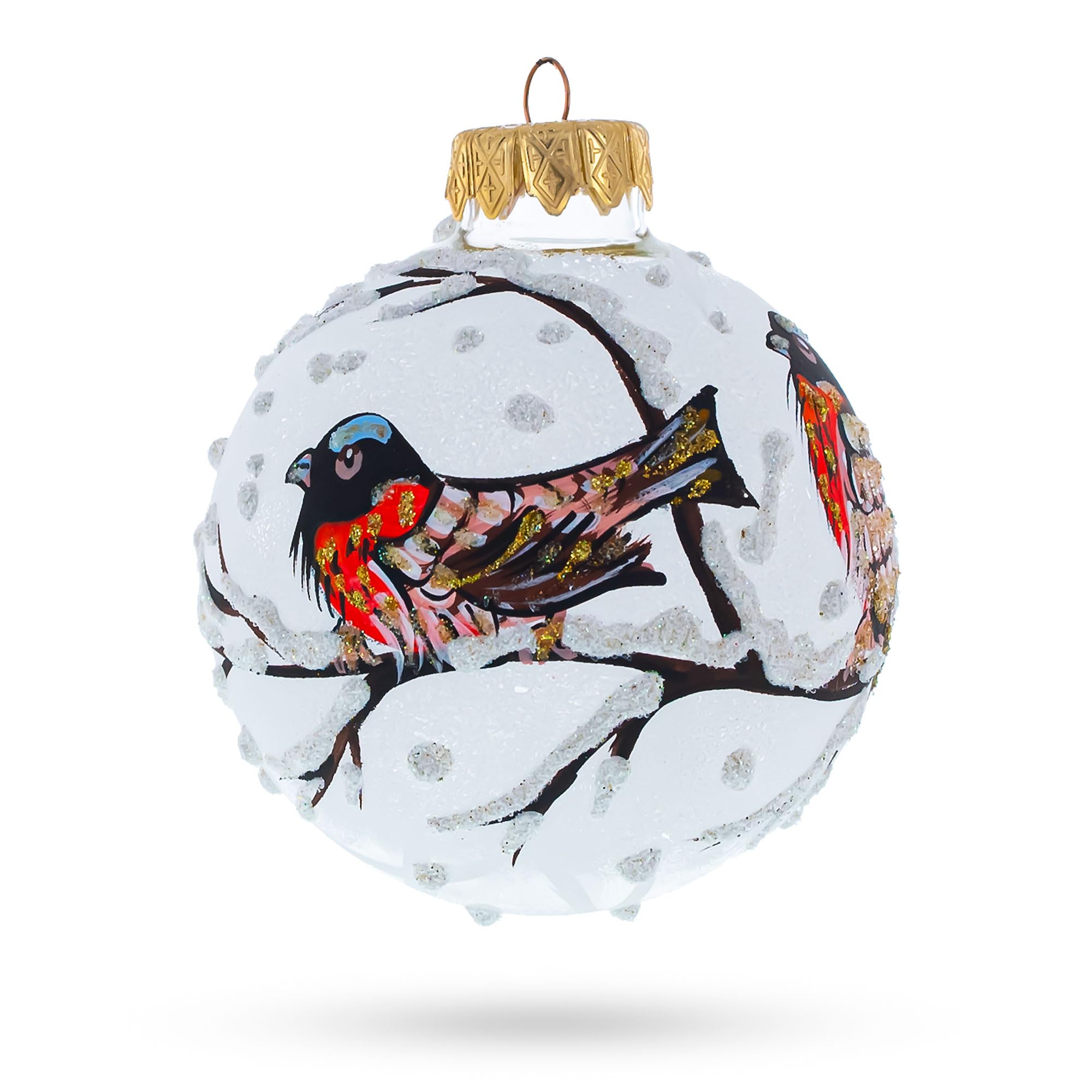 BestPysanky Bullfinch Birds on a Snow Branch Glass Ball Christmas Decoration Ornament 3.25 Inches