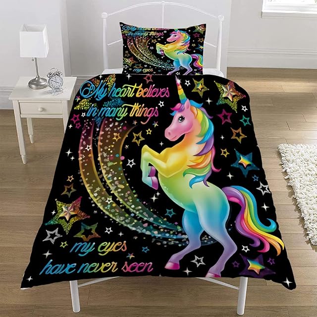 MUSOLEI Rainbow Unicorn Duvet Cover Kids Bedding Set Colorful Unicorn Multicolor Star Quilt Cover,Zipper Soft with Pillowcase(Single,Black)