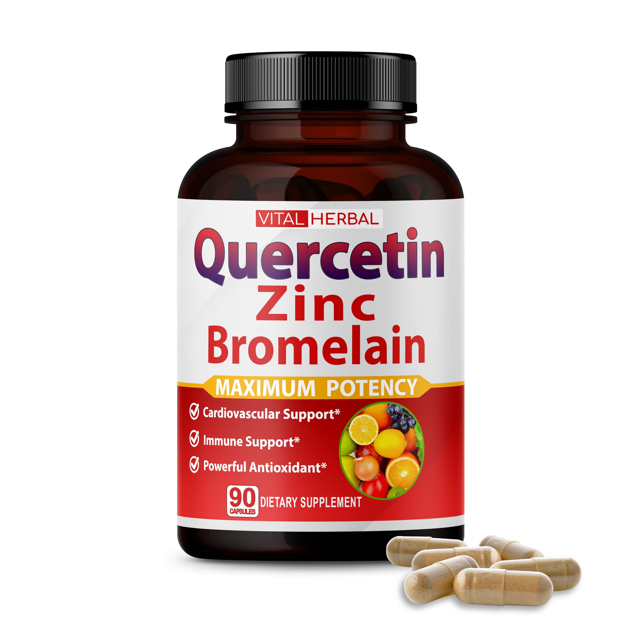 VITAL HERBAL Premium High Purity Quercetin 98% with Bromelain Capsules Equivalent to 3470 mg - Maximum Potency with Green Tea Ashwagandha - Supports Overall Health Strength Energy - 90 Days Supply