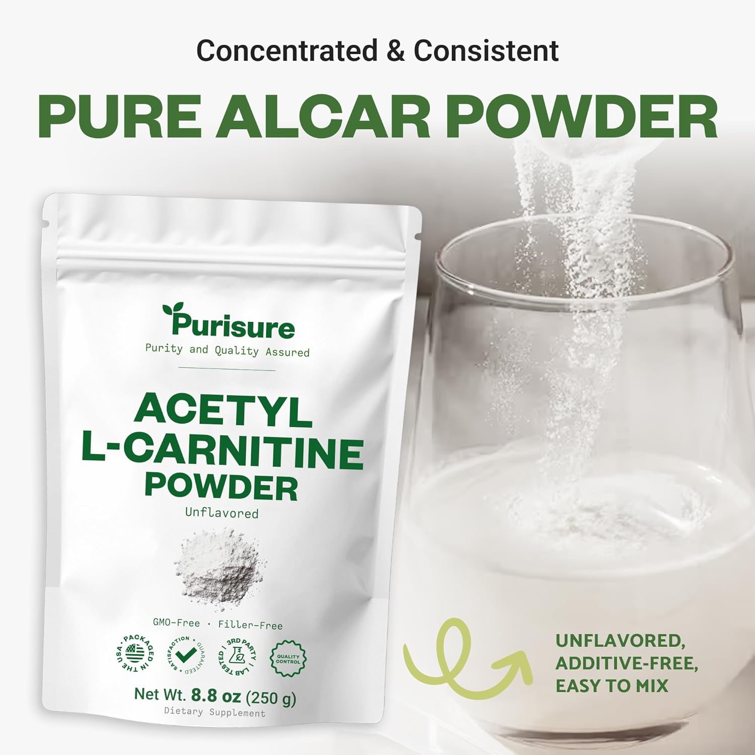 Purisure Acetyl L-Carnitine Powder ALCAR Powder, Amino Acid Supplement, Acetyl L-Carnitine Supplement for Better Cognitive Performance and Muscular Endurance, Gluten Free, Non-GMO, 250g (8.8 oz)