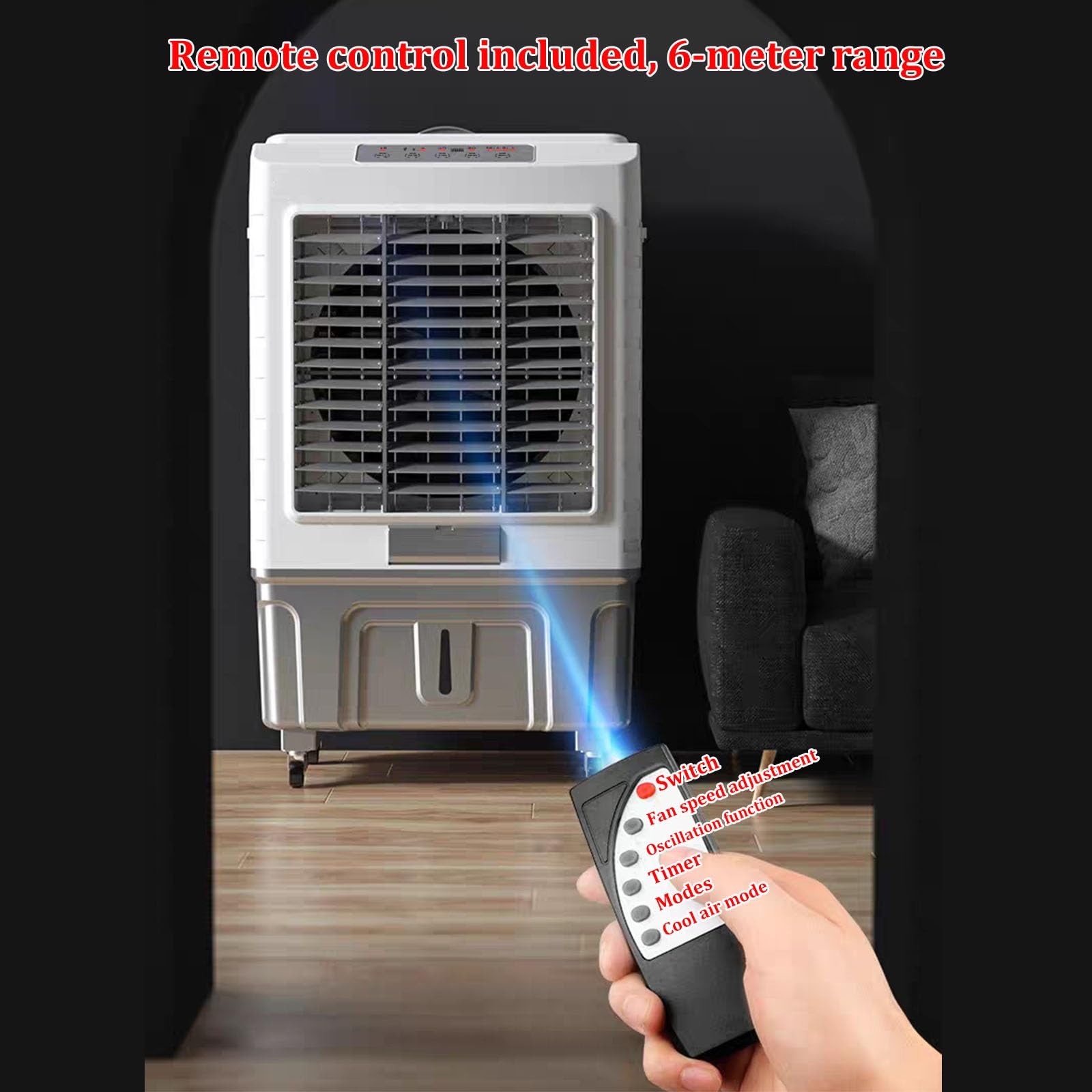 Raffrescatore evaporativo industriale con ruote per magazzino, fabbrica | Serbatoio dell'acqua di grandi dimensioni da 50/55/90 litri, con telecomando e 4 impacchi di ghiaccio(135X70X50CM/90L)