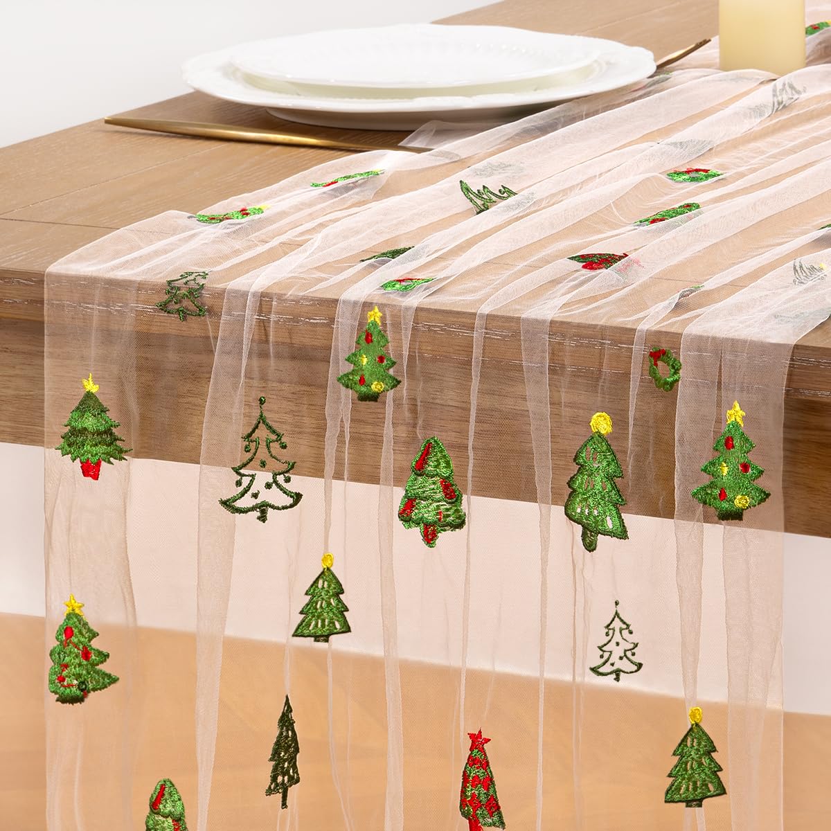 Christmas Tree Embroidery Table Runner White Sheer Tulle Table Runner, 3PC