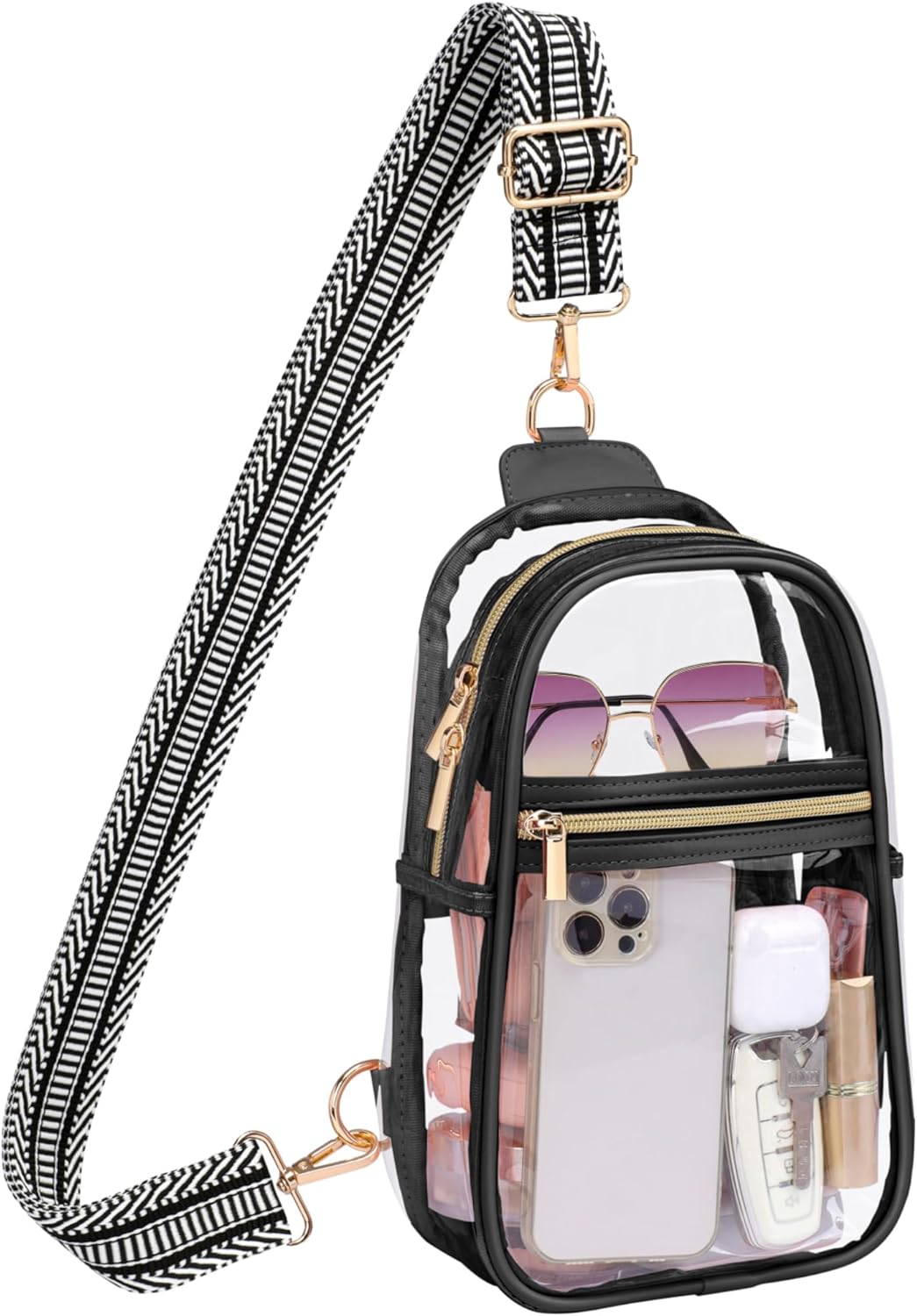 PACKISM Clear Bag for Stadium Events - Clear Crossbody Bag for Women Stadium Bag Sling Bag for Concert Sport with Detachable Strap, Strip Black