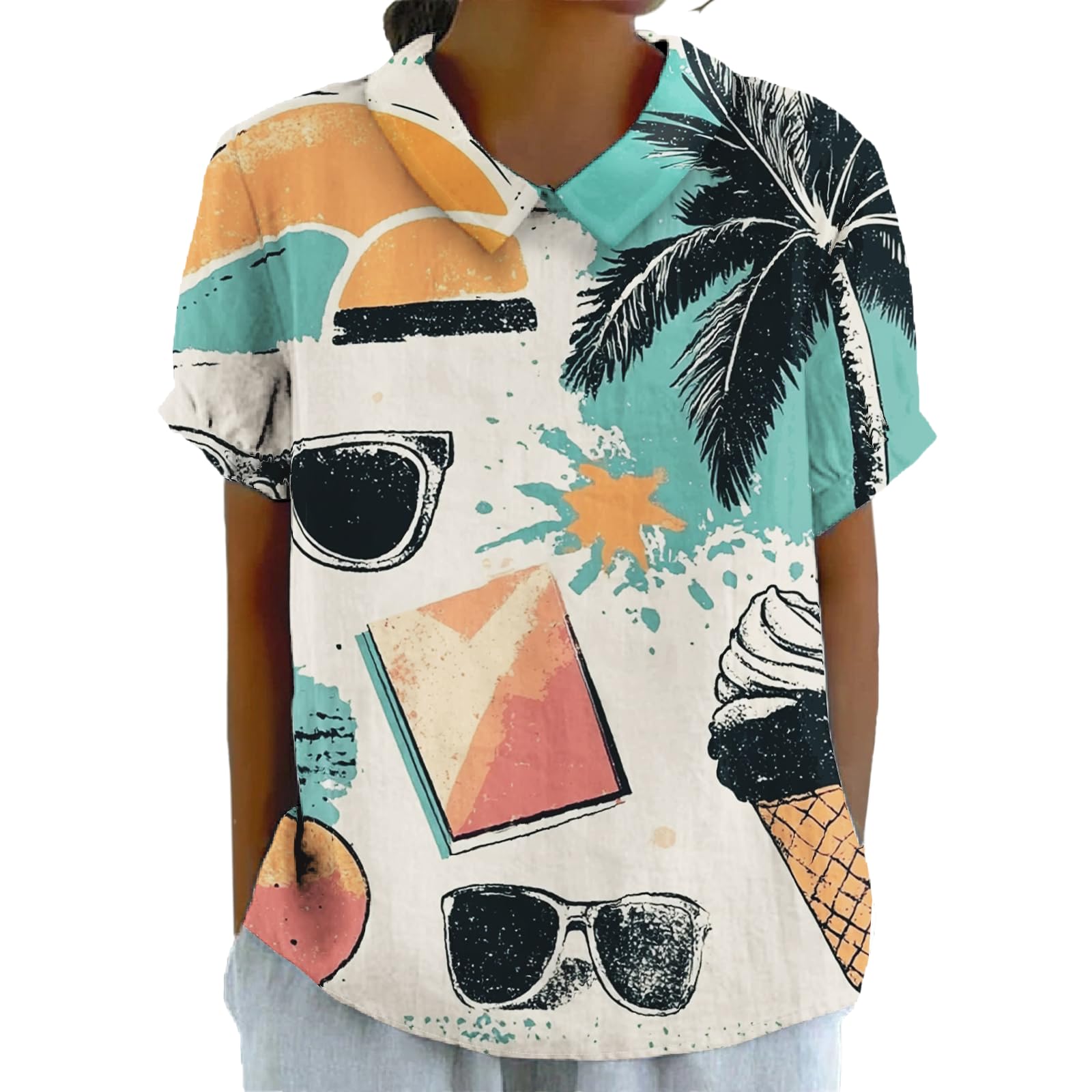 Summer Women Lapel Short Sleeve Top Bohe Style Hawaiian Vacation Beach Shirt Fashion Printed Graphic T-Shirt