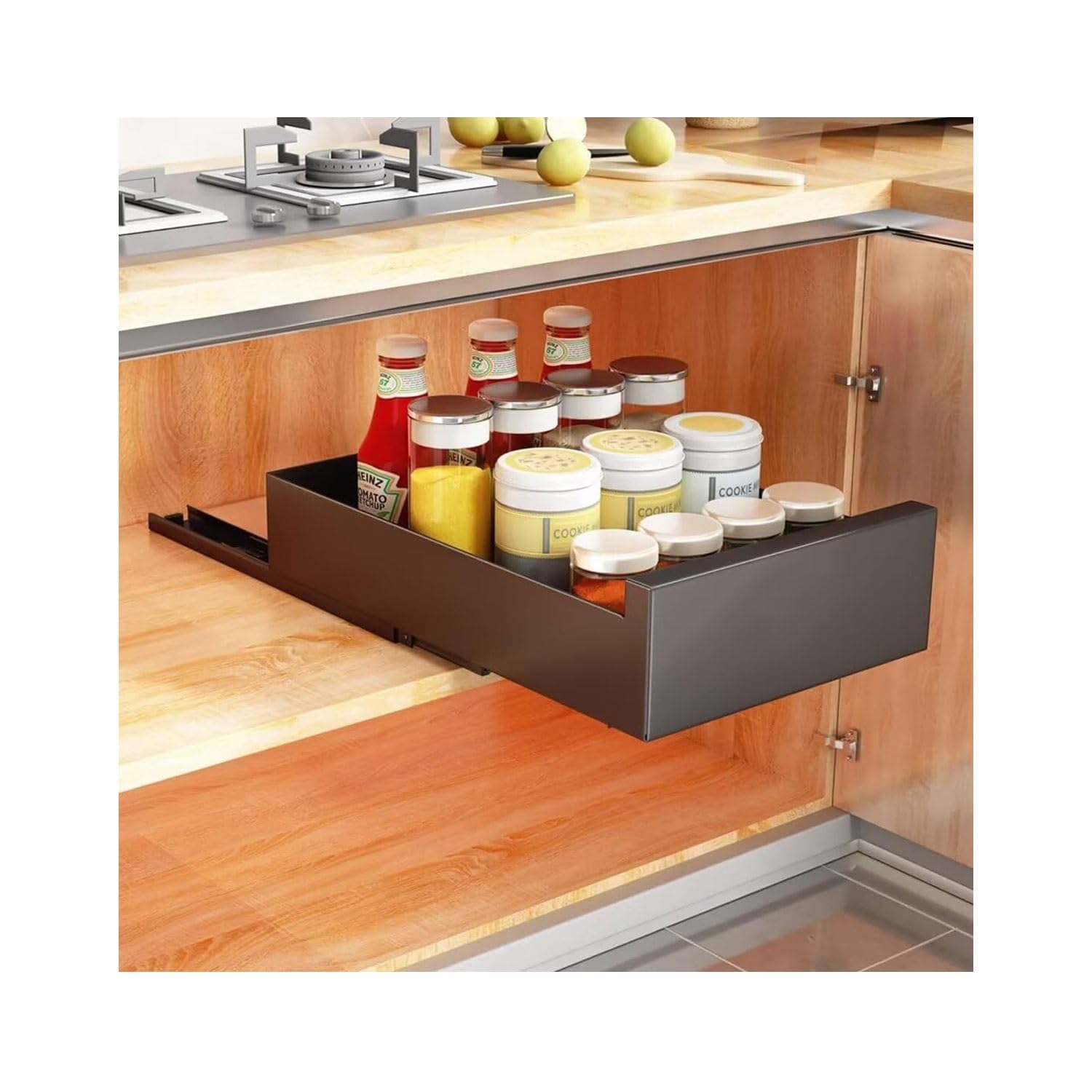 Organiseur de placard coulissant – Tiroir de rangement coulissant pour placard de cuisine, tiroirs coulissants extensibles, pas de perçage nécessaire