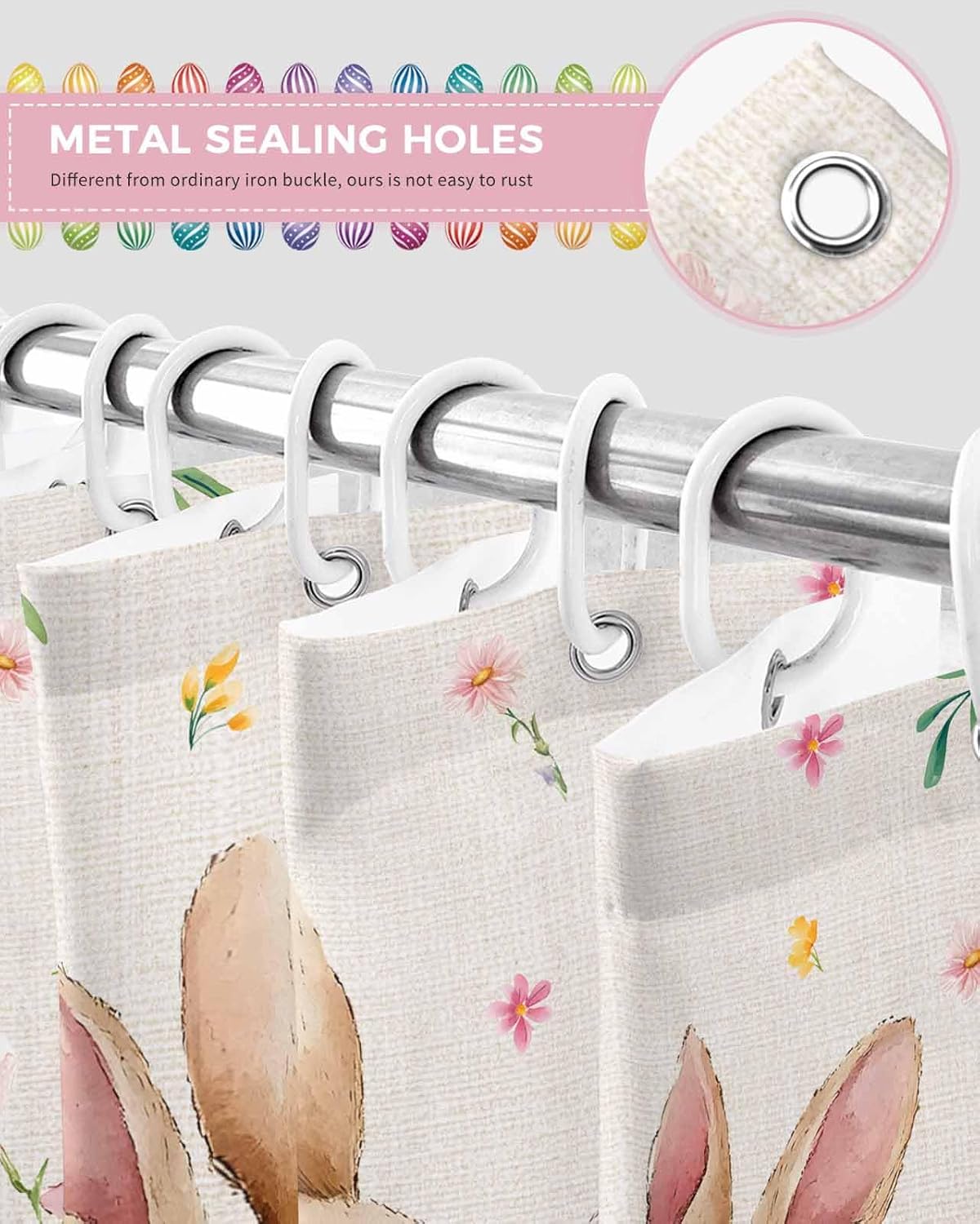 Easter Bunny Egg Floral Shower Curtain, Spring Flowers Rabbits Shower Curtain Set with Hooks, Spring Summer Waterproof Fabric Shower Curtains for Bathroom Decor, 72x96 Inch Bath Curtain