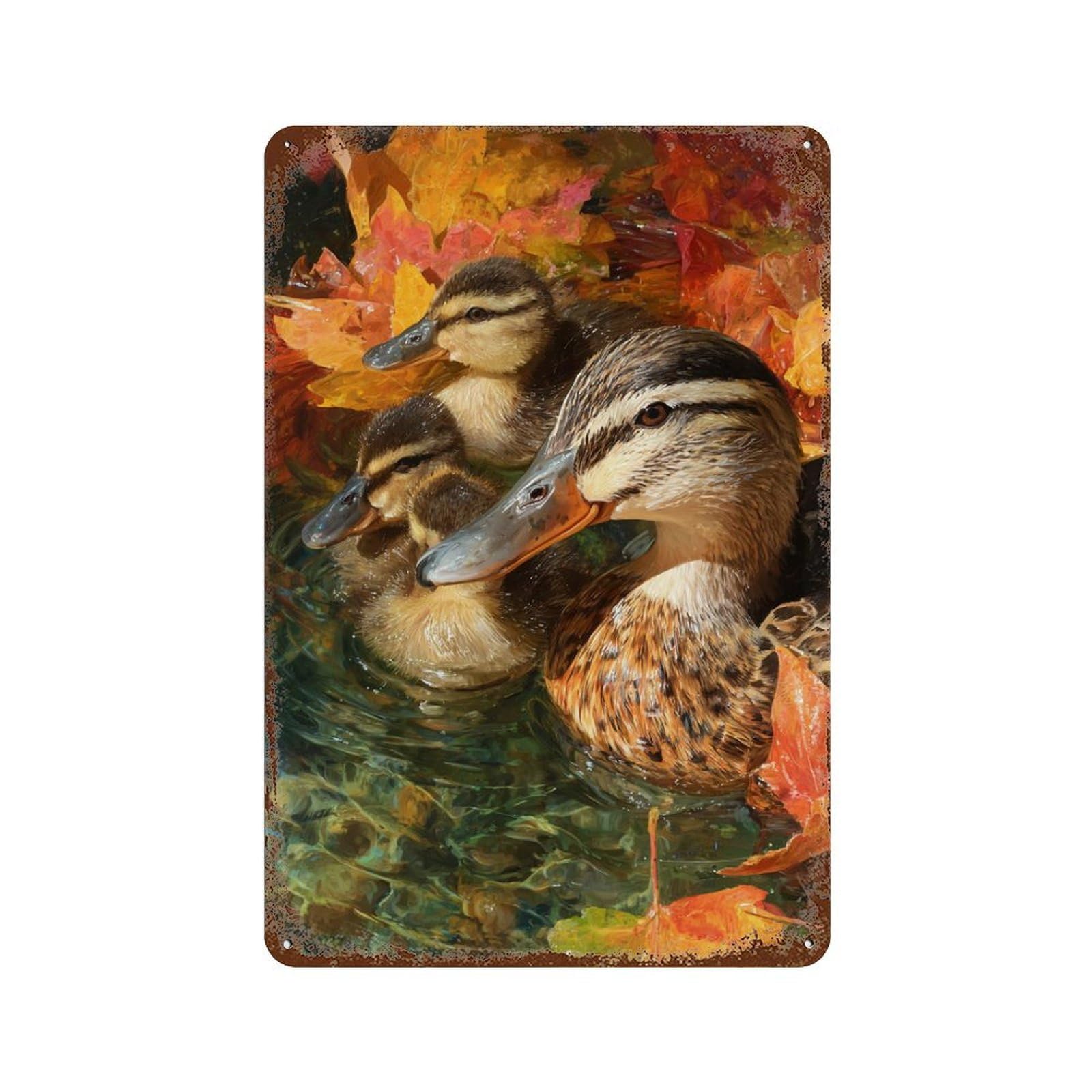 Duck Family in Autumn Pond Vintage Rust Metal Sign 11.8"x7.9", Ideal for Cafe, Home Bar And Lounge Decor
