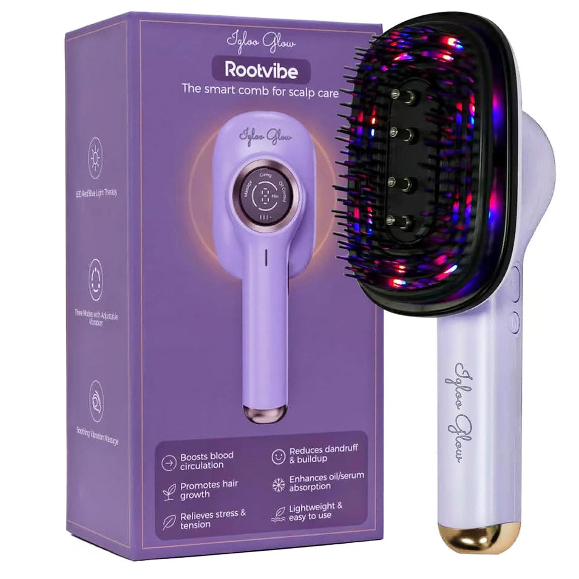 IGLOO GLOW RootVibe LED Hair Growth Comb, Red & Blue Light Therapy Scalp Massager for Hair Fall Control, Anti Dandruff Scalp Care, Oil Serum Applicator, Vibration Head Massage Device for Men & Women