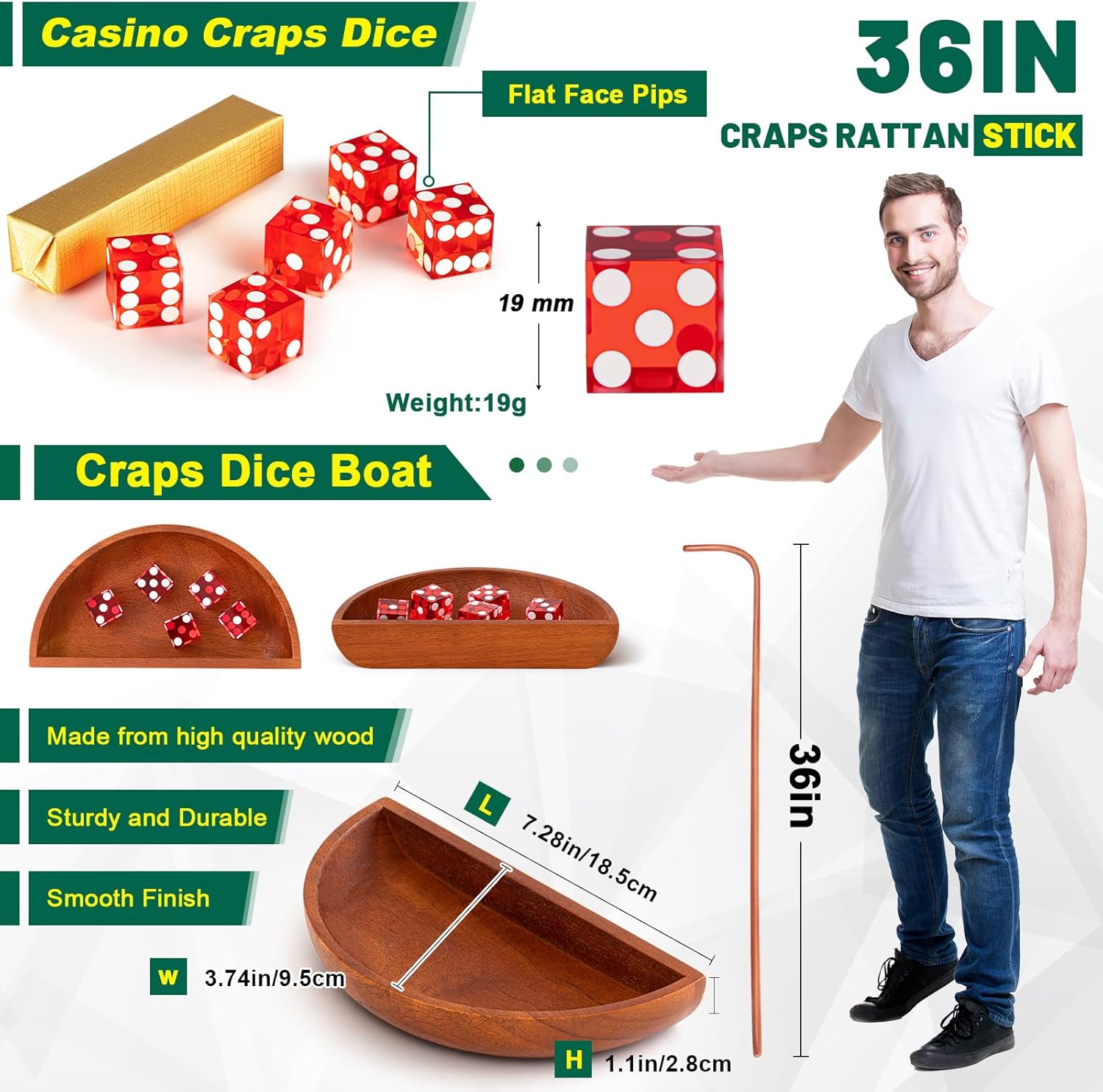 Craps Tabletop Game Set Includes 35x70 Rubber Tabletop Layout Mat Craps Diamond Pyramid Rubber Bumper, Rattan Stick, Grade AAA 19mm Dice, On/Off Buttons, 100 Poker Chips (Professional)