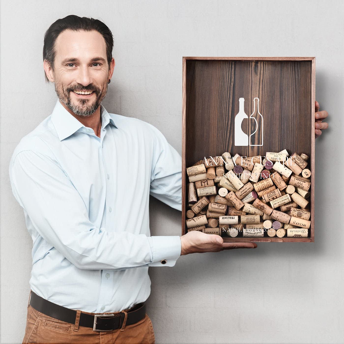Maverton Raccogli tappi di sughero o birra - con stampa personalizzata - in legno - cavatappi per vino e birra con un coltellino - scatola porta tappi - idee regalo - regalo di Natale - infinito