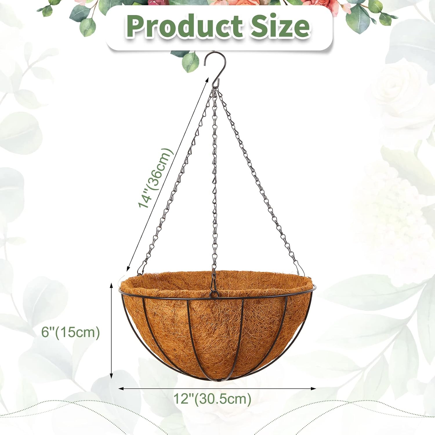 Rtteri 8 Pcs 12 Inch Hanging Baskets for Plants Outdoor with Metal Wire Frame and Coconut Coir Liners, Round Wire Hanging Baskets with Chain for Patio Garden Porch Decoration