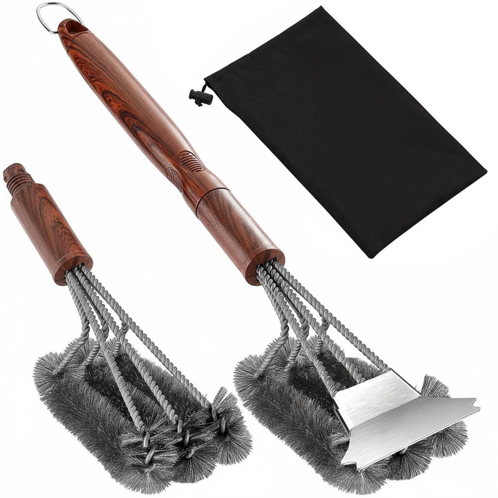 Grill Brush, BBQ Wire Brush with Stainless Steel Scraper and Non Slip Handle, Grill Scrubber with 2 Triangular Replaceable Head with Storage Bag for All Kinds of Grills