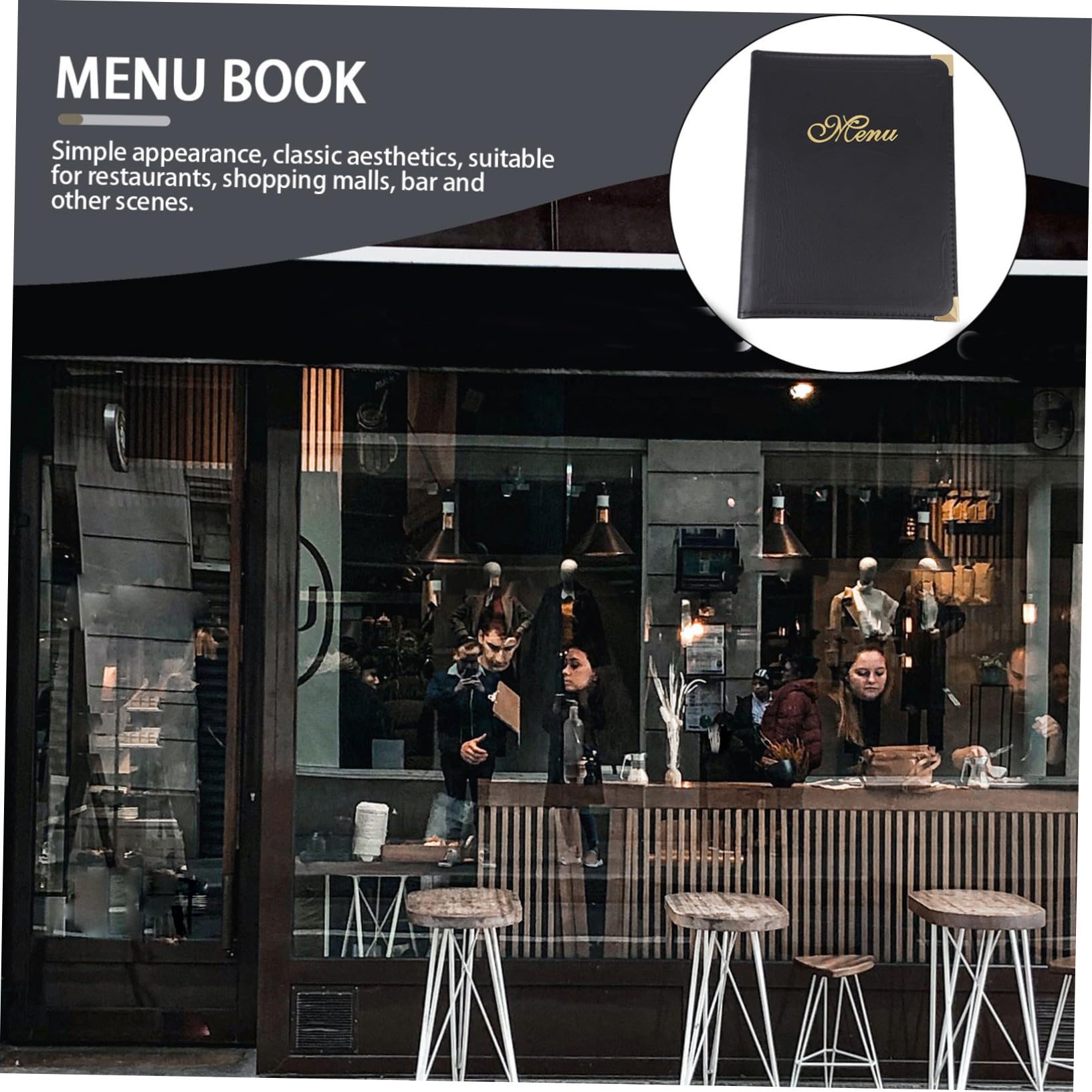 Carpeta de Menú Reutilizable de Pu Diseño de Páginas Deslizantes y Esquinas Redondeadas, Cubierta Negra Fácil de Usar para Restaurantes y Centros Comerciales