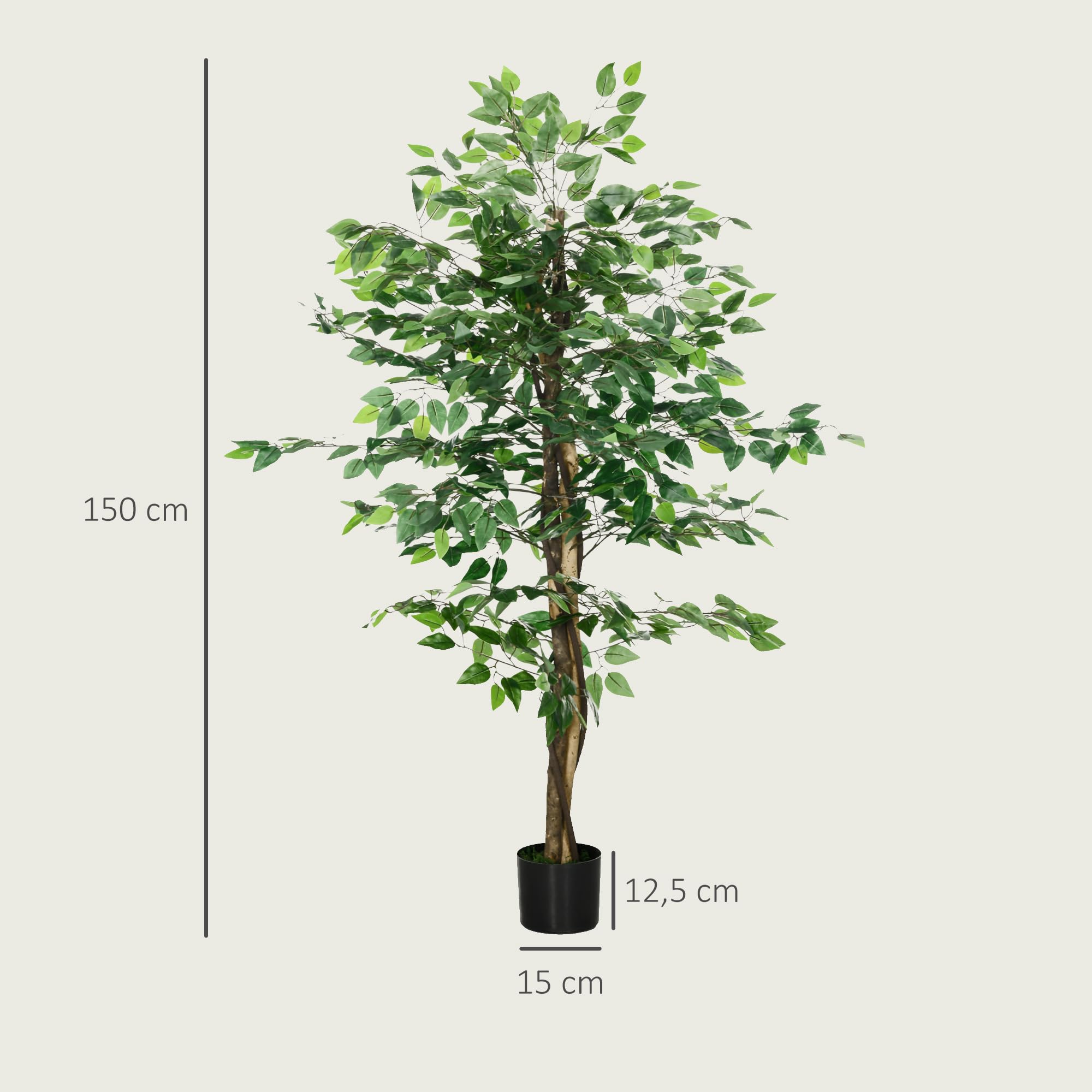 HOMCOM Ficus Artificial con Troncos Naturales 150 cm Planta Artificial con Maceta y 882 Hojas Árbol Artificial Decoración para Hogar Salón Oficina Verde