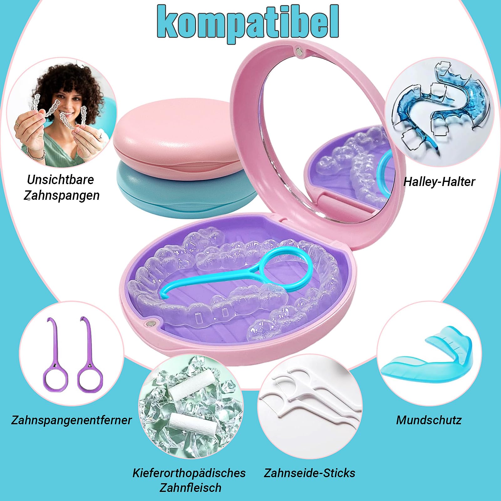 Caja de Dentaduras Portátil con Espejo 2 PC para Retenedores Soportes Protectores Bucales Azul y Rosa