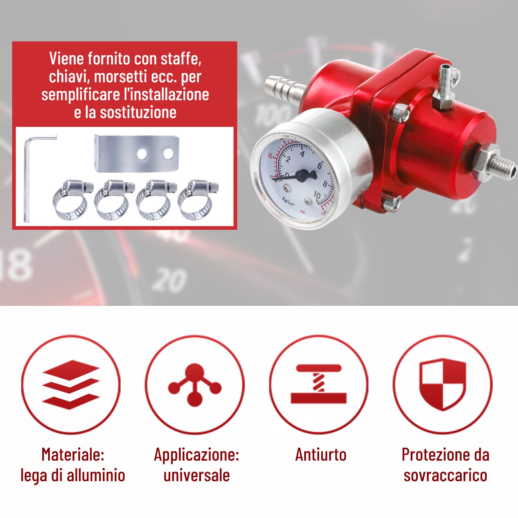 CarBole - Regolatore di pressione del carburante per auto, regolabile, 1-140 PSI, regolatore di pressione benzina in lega di alluminio con manometro e tubo