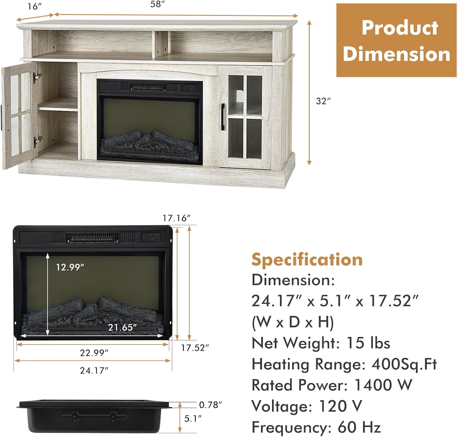 GOFLAME 58" TV Stand with Electric Fireplace Insert, Fireplace Entertainment Center with Side Cabinets & Adjustable Shelves, Overheat Protection, Remote Control & Timer for TVs up to 65 Inches (Grey)