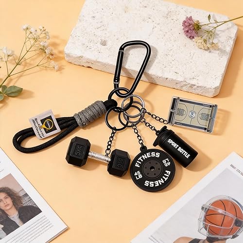 Miniatura 6 de Juego de llaveros de baloncesto, llaveros de fitness para cancha de baloncesto con dijes de mancuernas para botella de agua, regalos para parejas