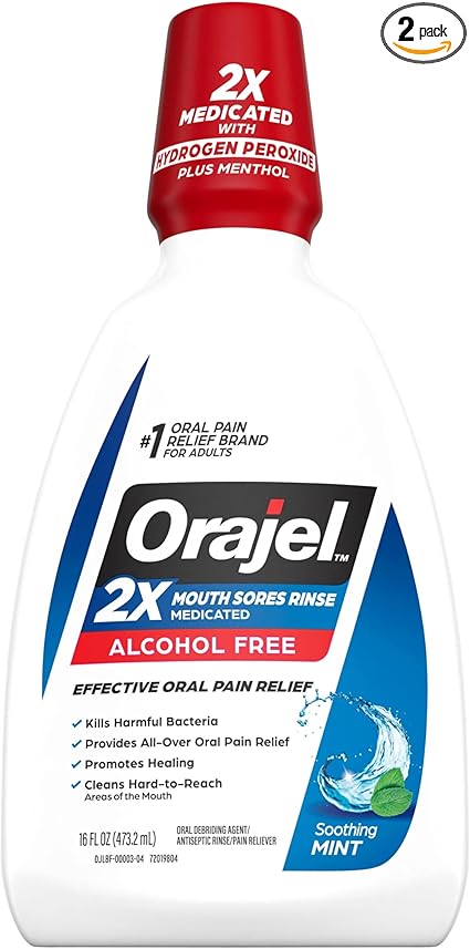 Orajel Alcohol-Free Antiseptic Mouth Sore Rinse, Fresh Mint, 16 Fl Oz (Pack of 2)