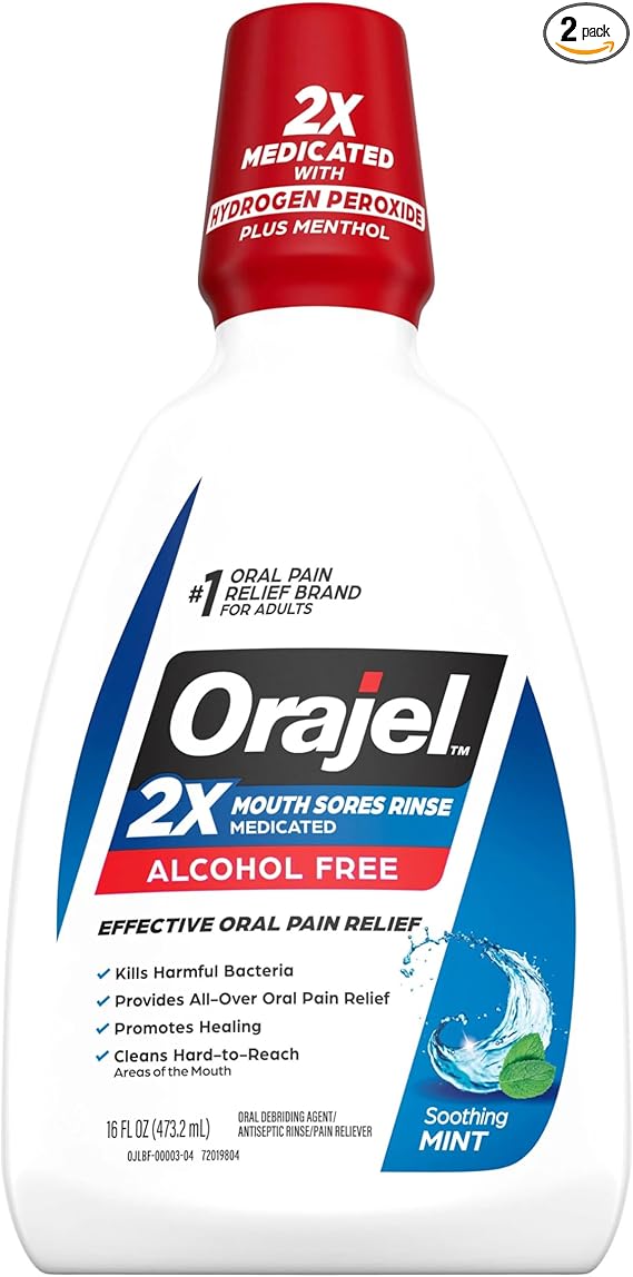 Orajel Alcohol-Free Antiseptic Mouth Sore Rinse, Fresh Mint, 16 Fl Oz (Pack of 2)
