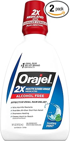 Orajel Alcohol-Free Antiseptic Mouth Sore Rinse, Fresh Mint, 16 Fl Oz (Pack of 2)