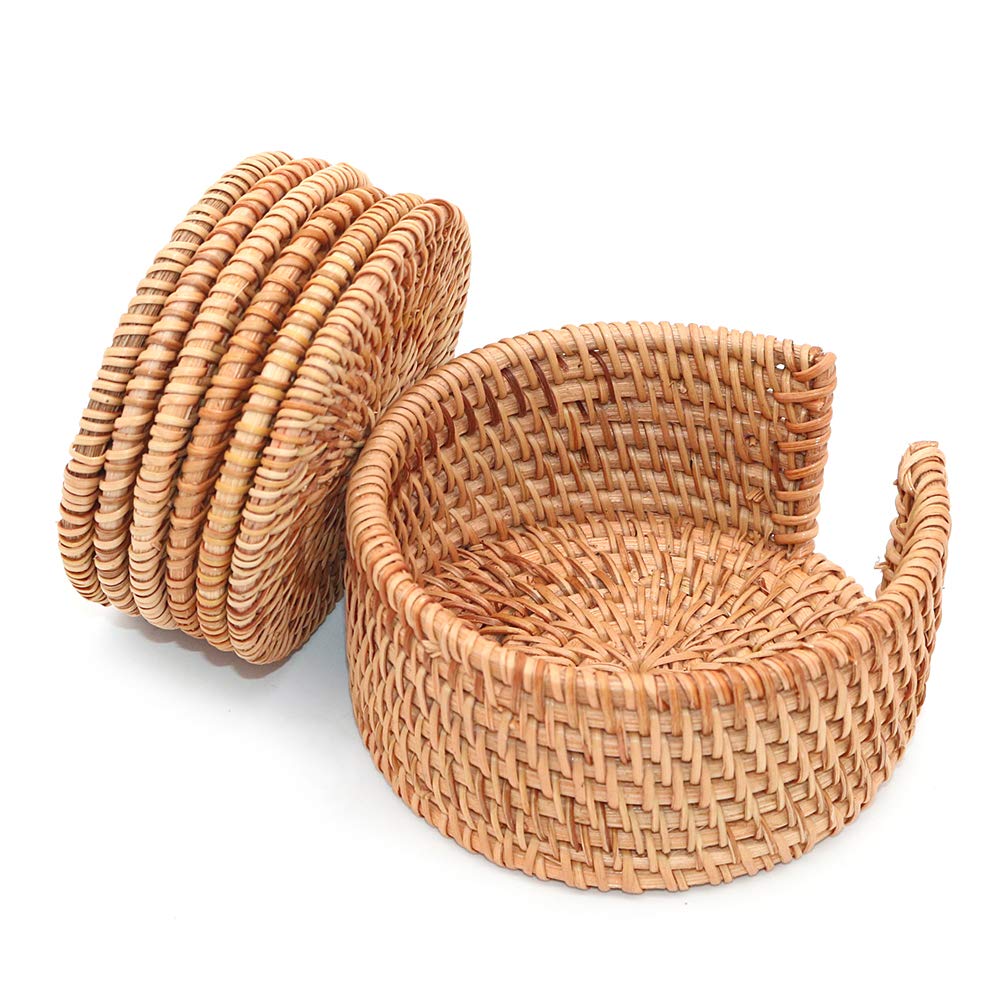 POFET Sottobicchieri in rattan intrecciato a mano con piastra di base per tazze da tè, piatti isolati, per cucina, accessori per la casa da tè, set da 6 pezzi, con supporto (marrone, 10 cm rotondo)