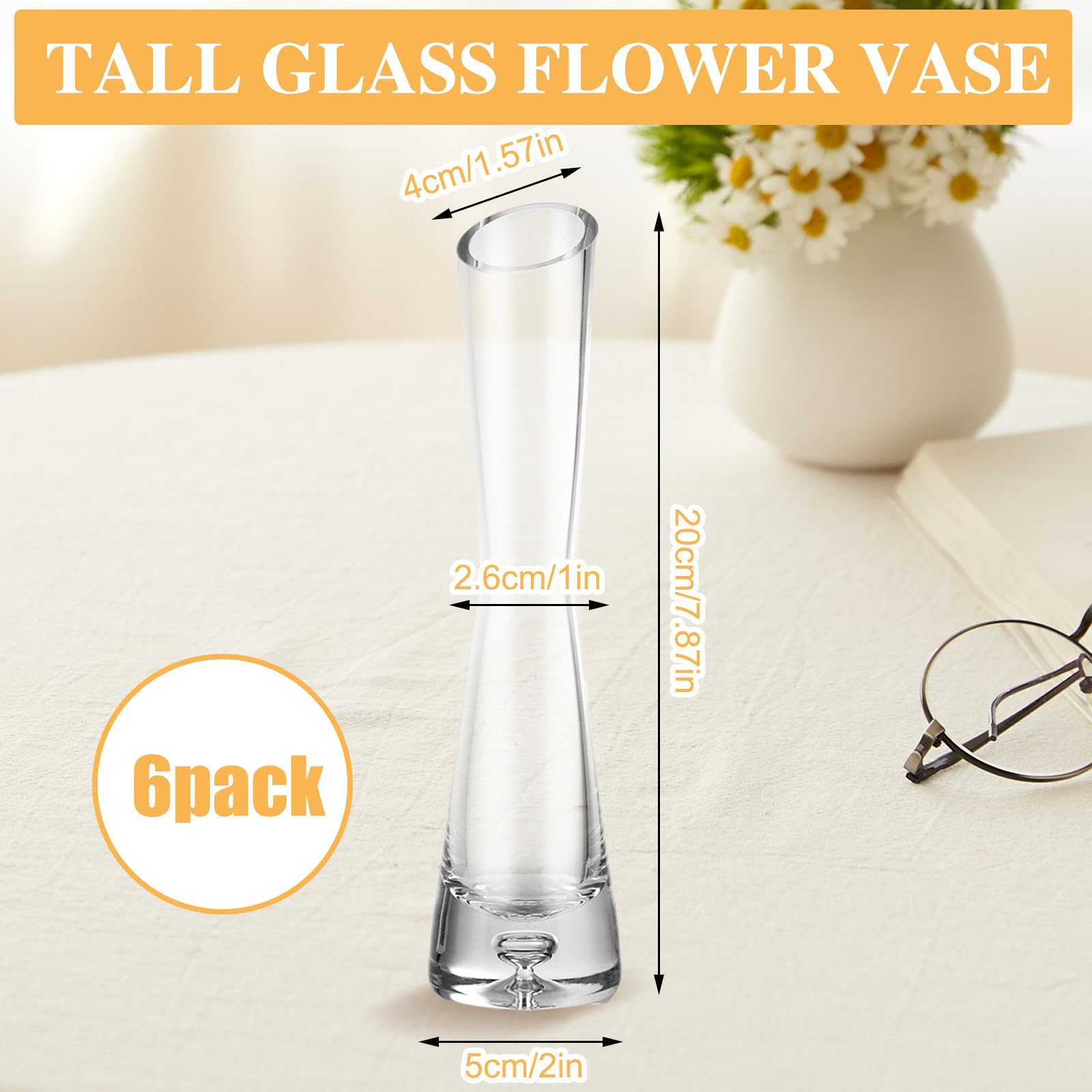 SENENQU Glasvasen für Blumen, 20 cm hoch, Einzelstiel-Vasen, kleine Blumenvase, transparent, dekorative Knospenvase für Tischdekoration, Hochzeit, Party, Geburtstag, Babyparty, 6 Stück