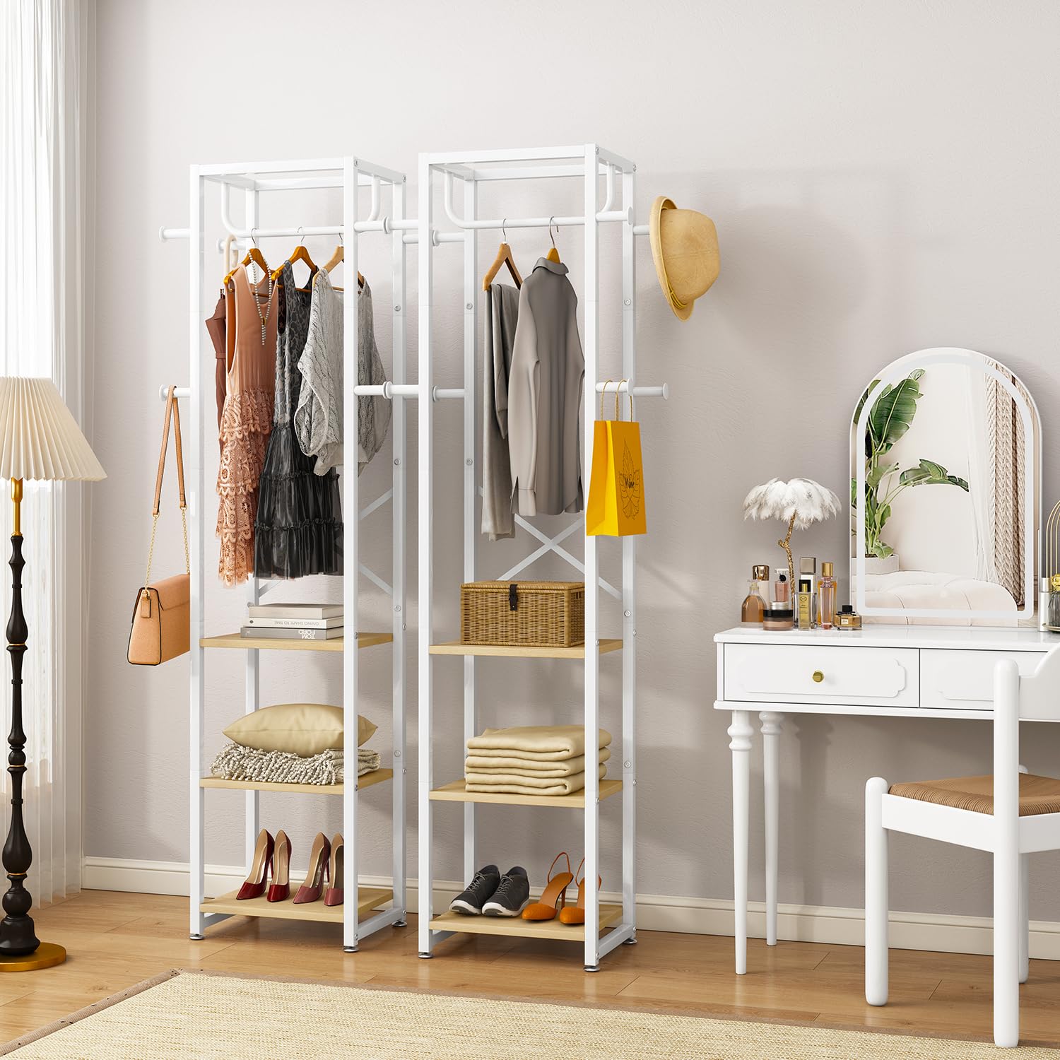 IBUYKE Perchero, Perchero independiente con 3 estantes y 8 ganchos, Perchero industrial de ropa para entrada, pasillo, dormitorio, 180 x 40 x 30 cm, color natural y blanco TMJ088R