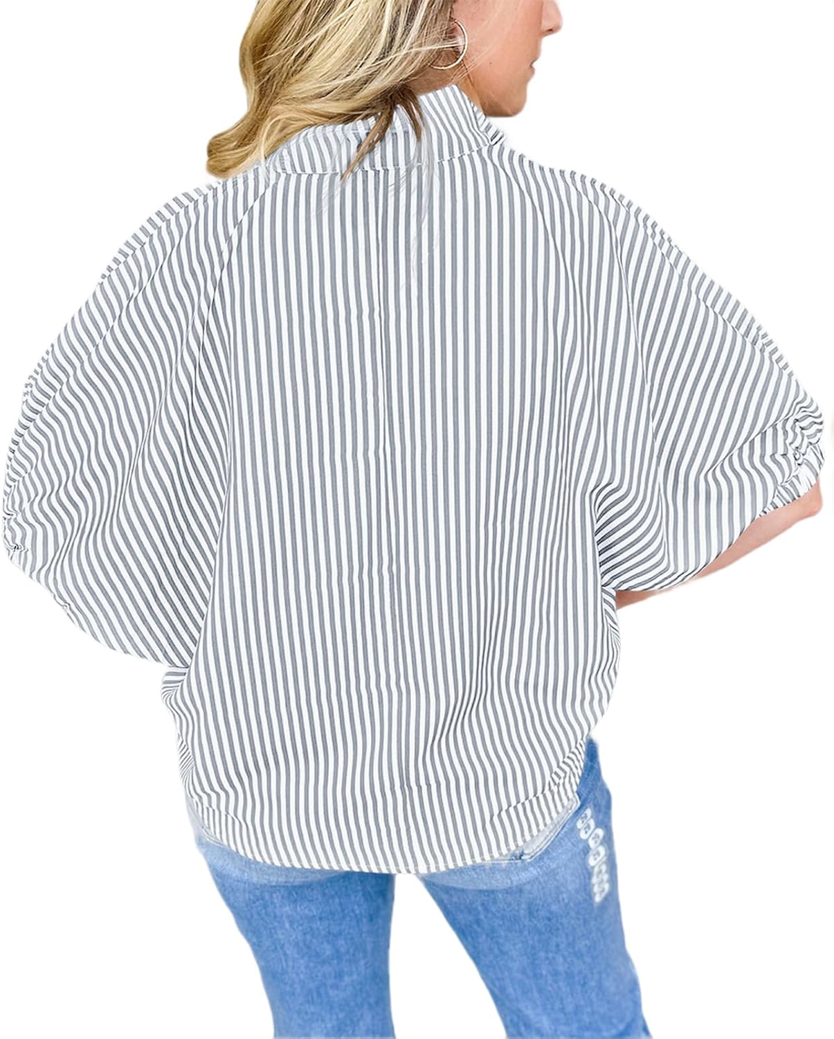 Womens Striped Contrast Neck Shirts Elbow Puff Sleeve Dolman Blouse Top - Image 4