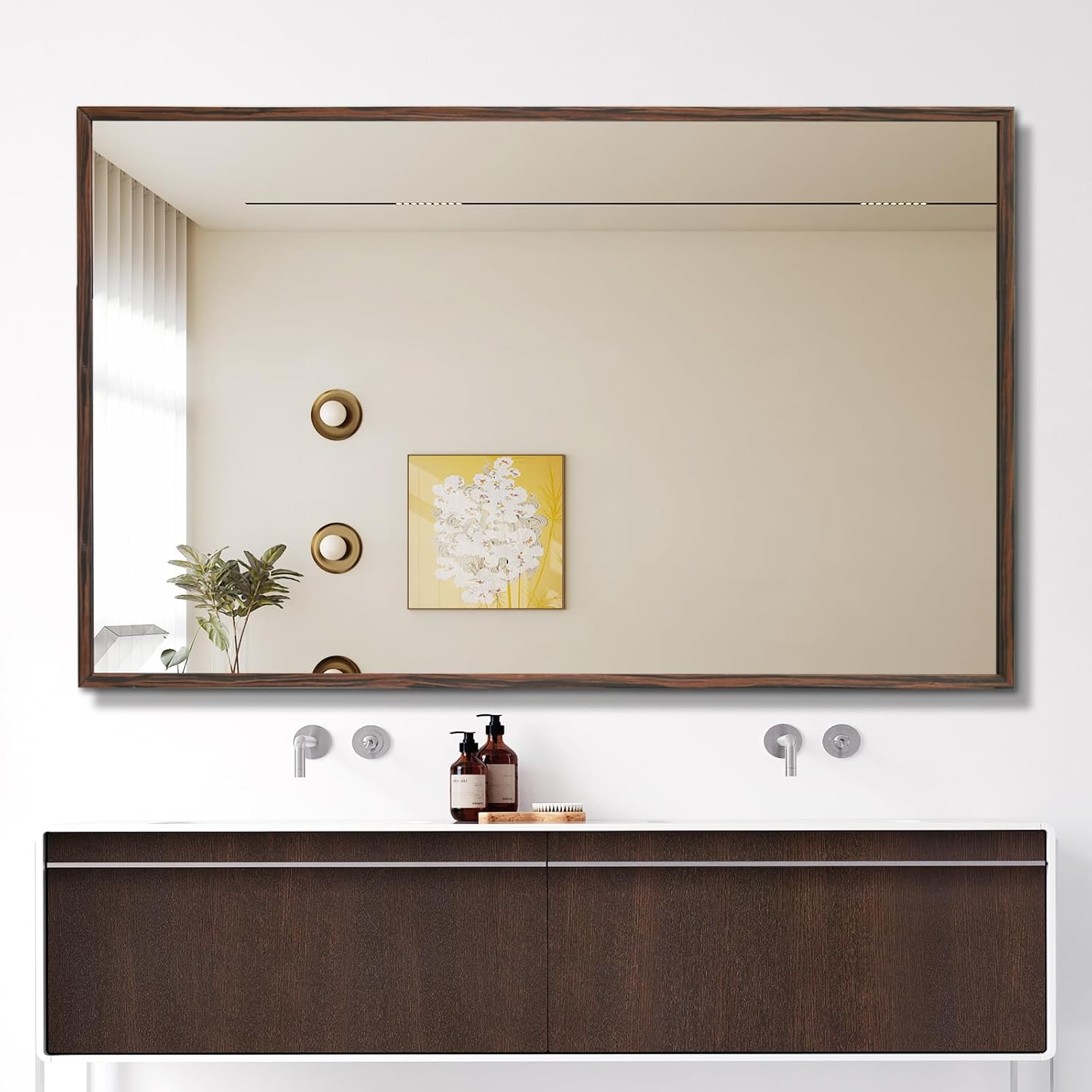 Walnut Wood Bathroom Mirrors for Wall Mounted, 48" x 30" Rectangle Rustic Wood Framed Wall Mirror, Decorative Farmhouse Mirror for Bathroom, Bedroom, Entryway, Horizontally/Vertically Walnut 48"L x 30"W